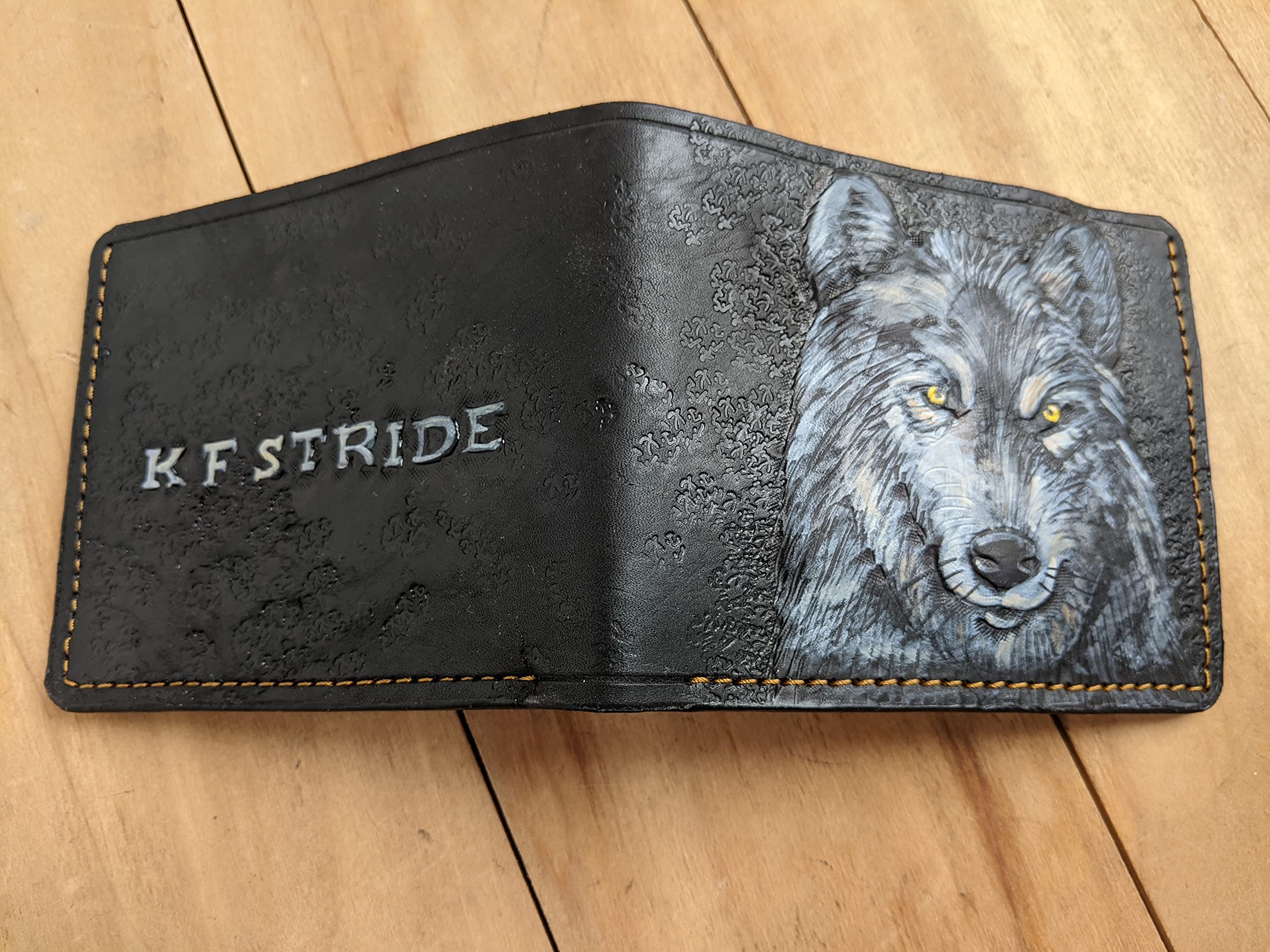 **Handmade 3D Genuine Leather Bifold Wallet for Men - Gray Wolf Carved & Tooled Design with Airbrush Art - Custom Personalized Gift for Dad, Husband, or Boyfriend (A28)**    *(Perfect for Everyday Use, Travel, Gifting, and Special Occasions)*