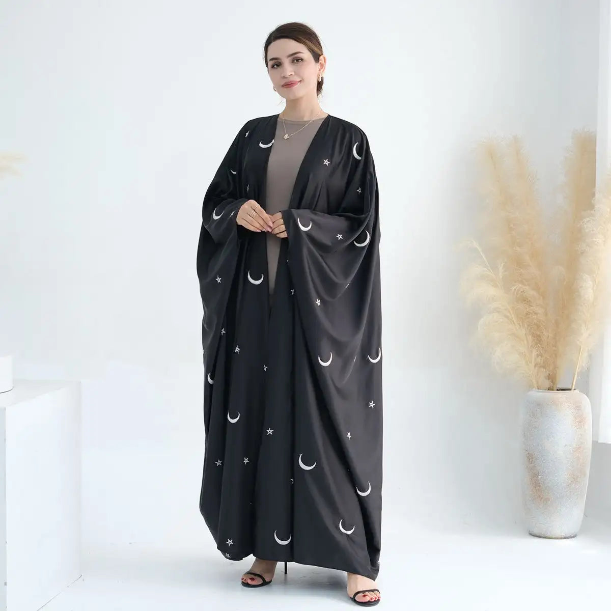Elegant Muslim Women's Satin Moon Embroidery Cardigan Open Farasha Abaya Dress - Perfect for Eid, Wedding & Special Occasions