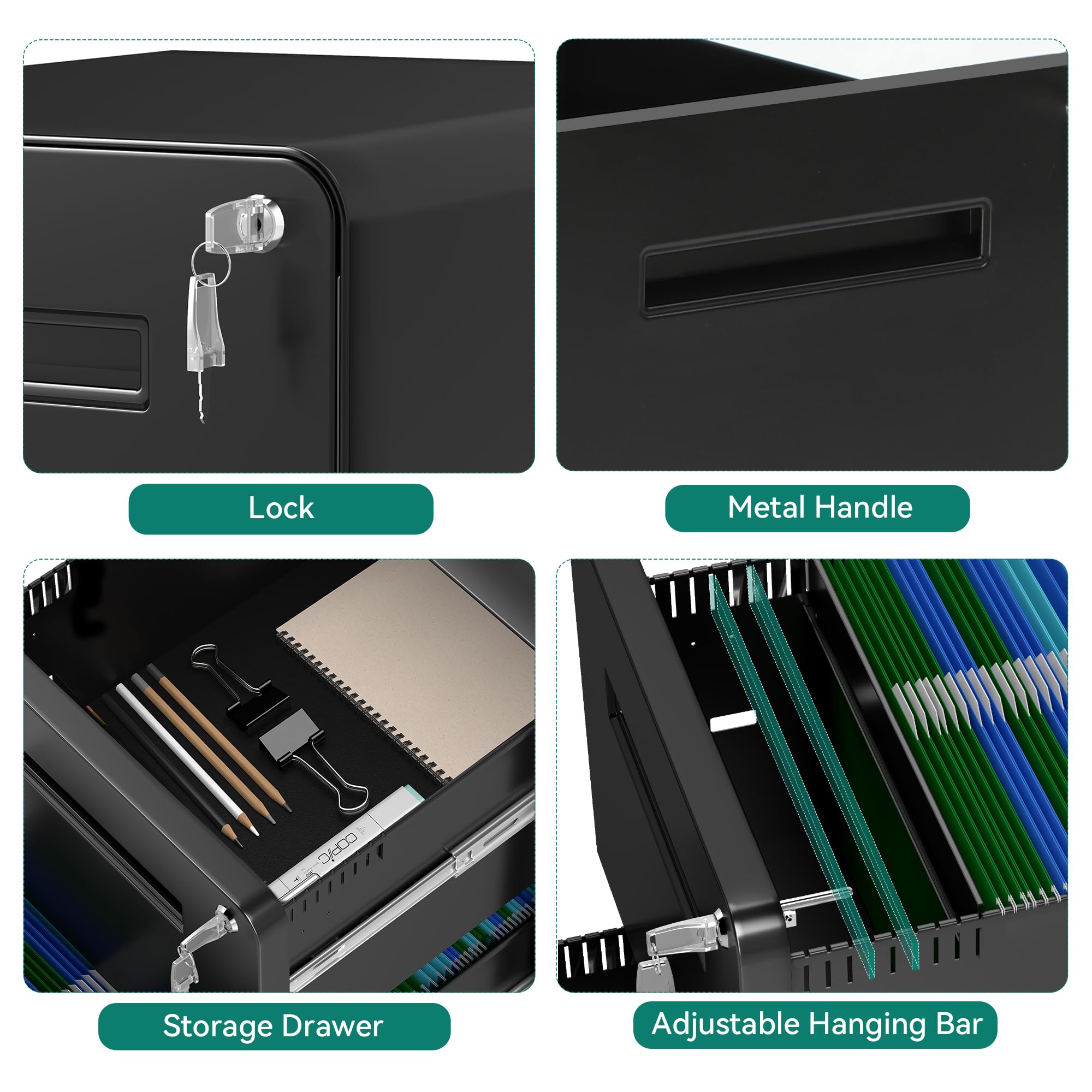 YITAHOME 2-Drawer Rolling File Cabinet - Lockable Metal Mobile Filing Cabinet for Office & Home, Under Desk Storage for Legal/Letter Files, Black - Perfect for Commercial Workspaces & Home Offices