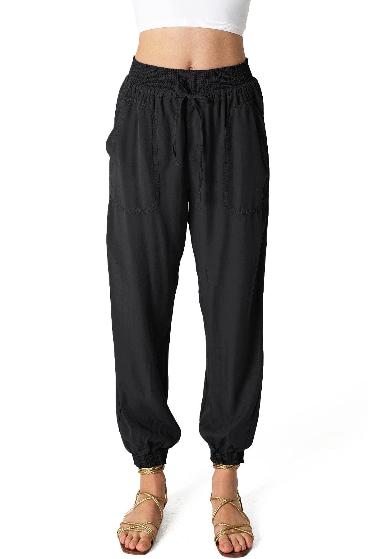 Love Tree Women's Juniors Smock Waist Light Tencel Jogger Pants - Comfortable Casual Lounge Pants for Yoga, Travel & Everyday Wear