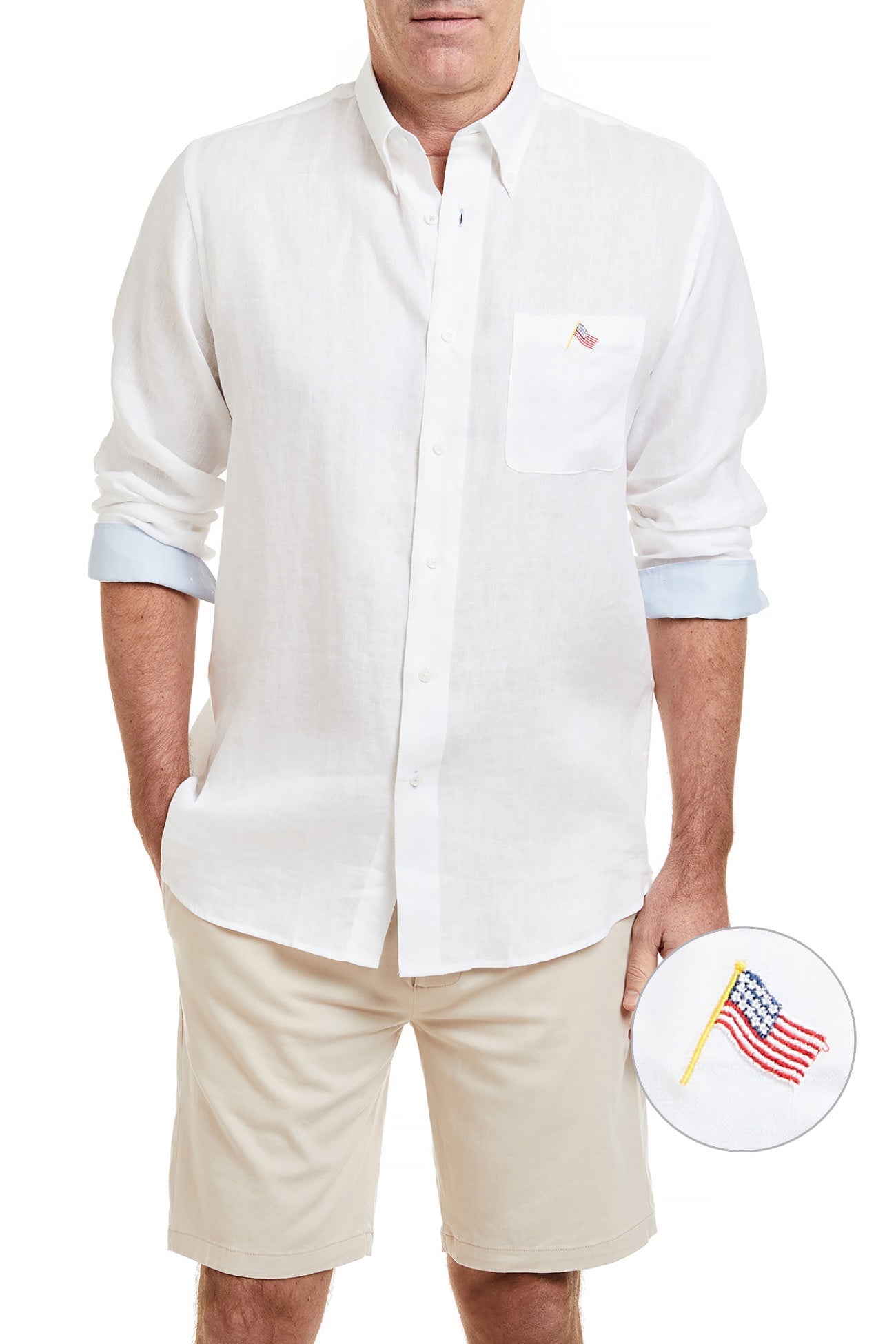 Men's Linen Chase Shirt - White with Powder Blue Trim & USA Flag Design - Perfect for Summer Outfits, Casual Wear, and Patriotic Events