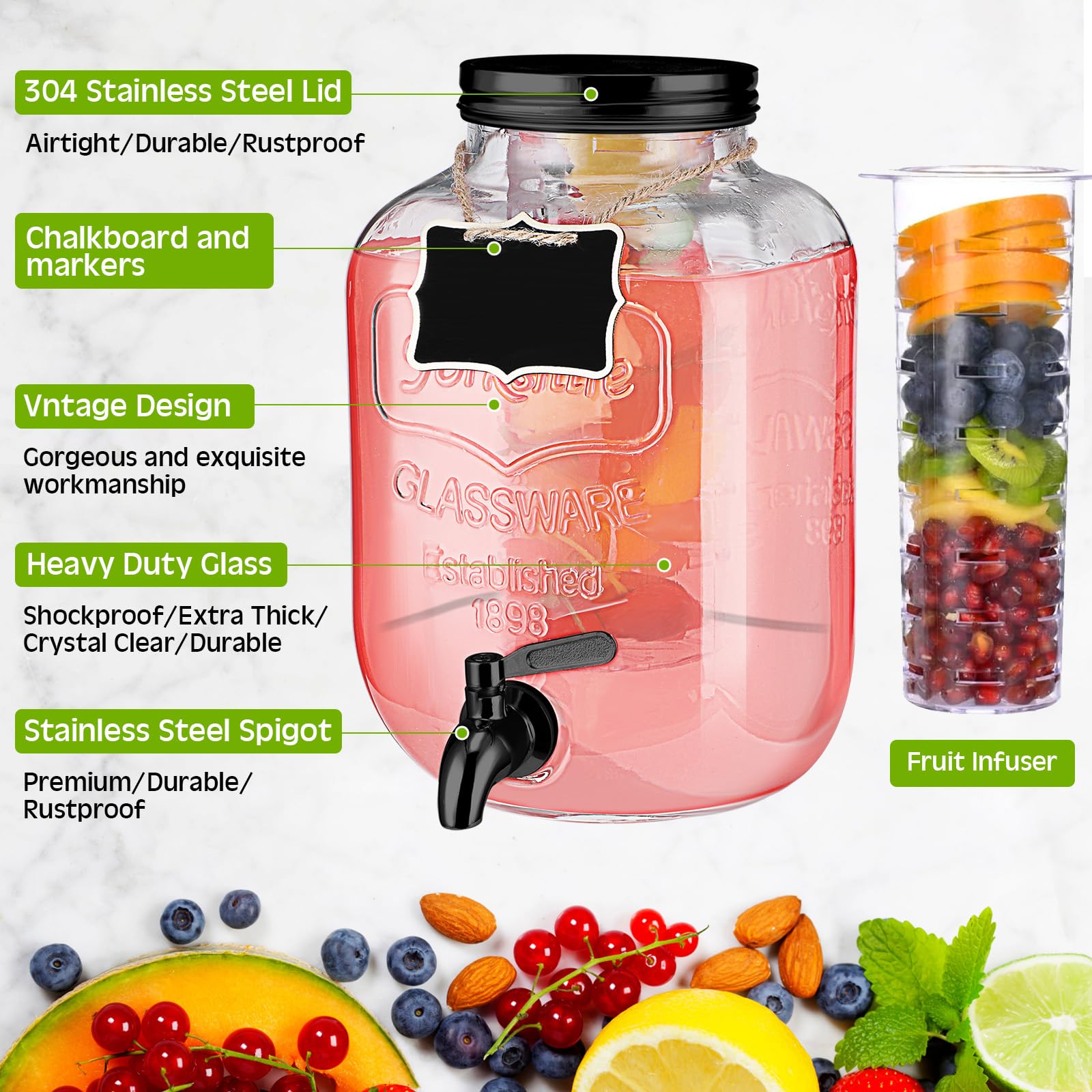 Lallisa 3-Piece 2-Gallon Glass Beverage Dispenser with Stand, Lid & Stainless Steel Spigot - Mason Jar Drink Dispenser with Hanging Chalkboard Signs, Fruit Infuser & Ice Cylinder - Perfect for Parties, Weddings, BBQs & Home Bars (Black)
