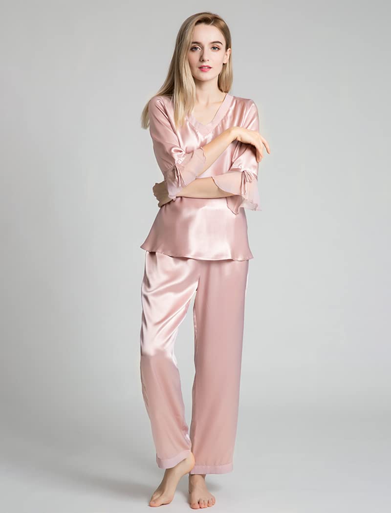 Orose Women's 100% Pure Mulberry Silk Pajama Set - V-Neck 3/4 Sleeve Sleepwear for Ladies | Soft & Breathable Nightwear for Relaxation, Travel & Special Occasions