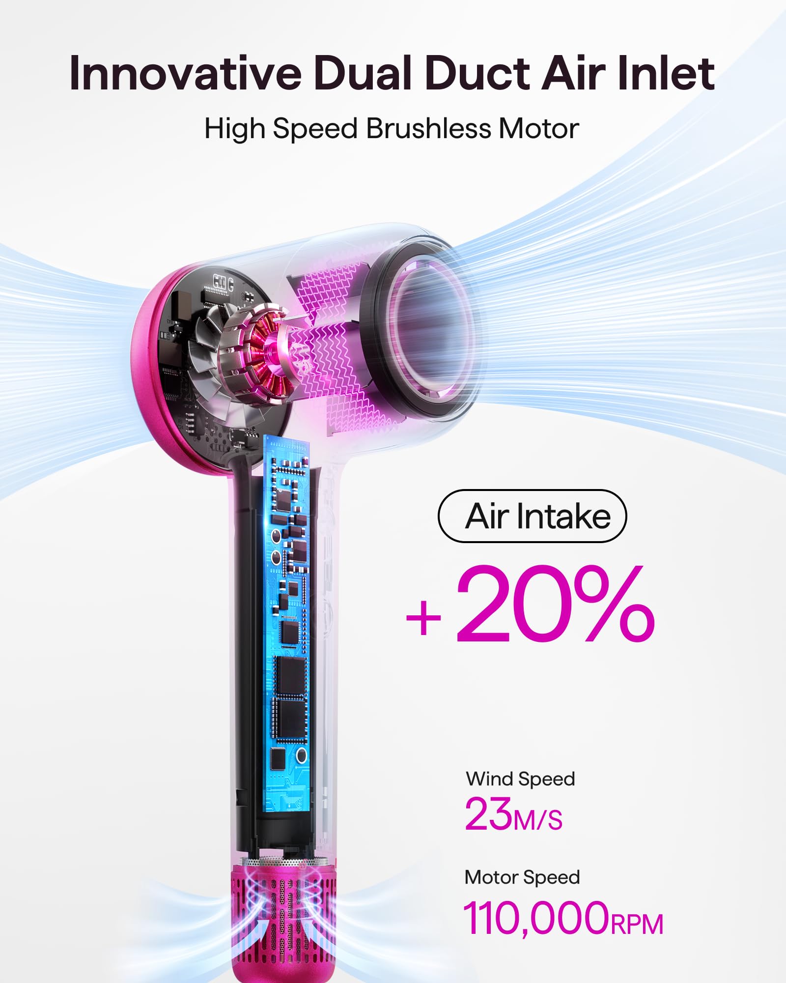 Wavytalk Turblow Pro Hair Dryer - 110,000 RPM High Speed Blow Dryer with Diffuser | Negative Ion Technology for Frizz Control & Less Damage | 3 Heat & 3 Speed Settings | Hot Pink | Perfect for Salon-Quality Styling at Home, Travel & Professional Use
