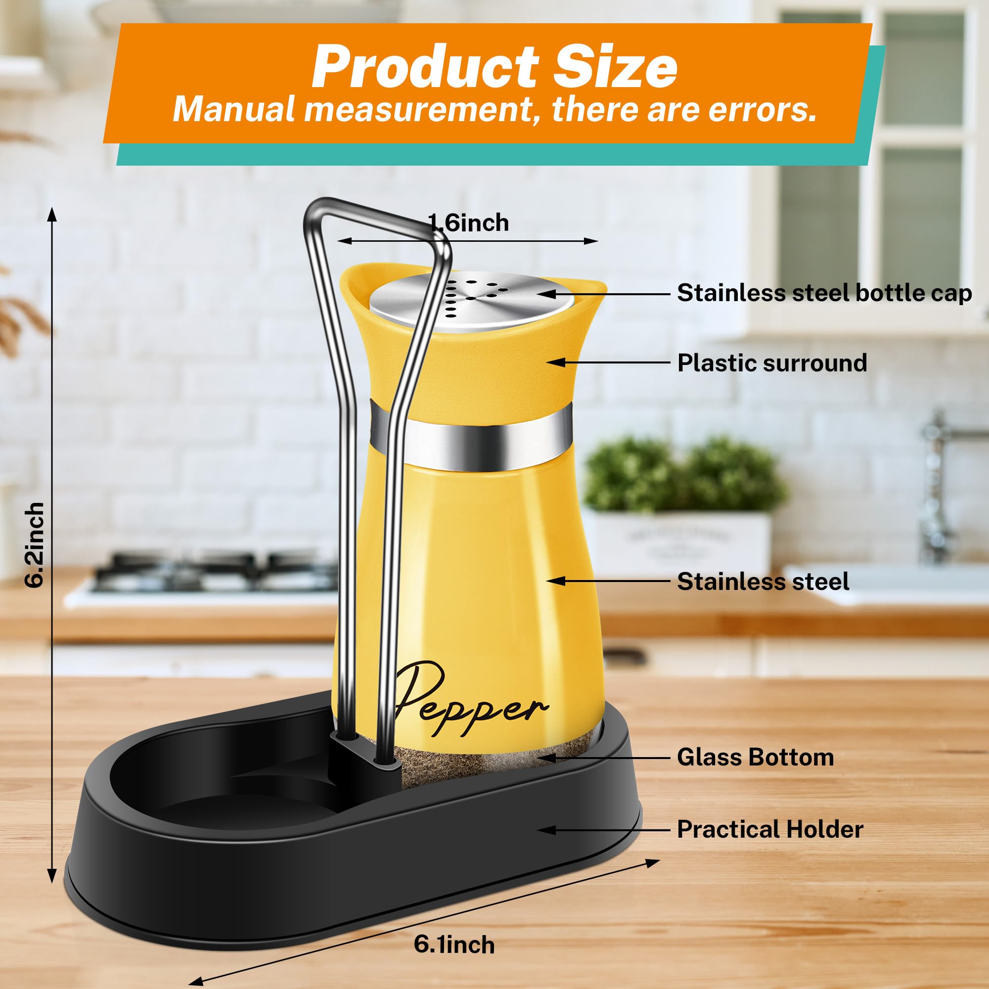Yellow Salt and Pepper Shakers Set with Holder - 4 oz Refillable Farmhouse Kitchen Decor, Cute Table Accessories & Housewarming Gift for Thanksgiving Christmas (Yellow) - Perfect for Dining Tables, Kitchen Countertops, and Holiday Decorations