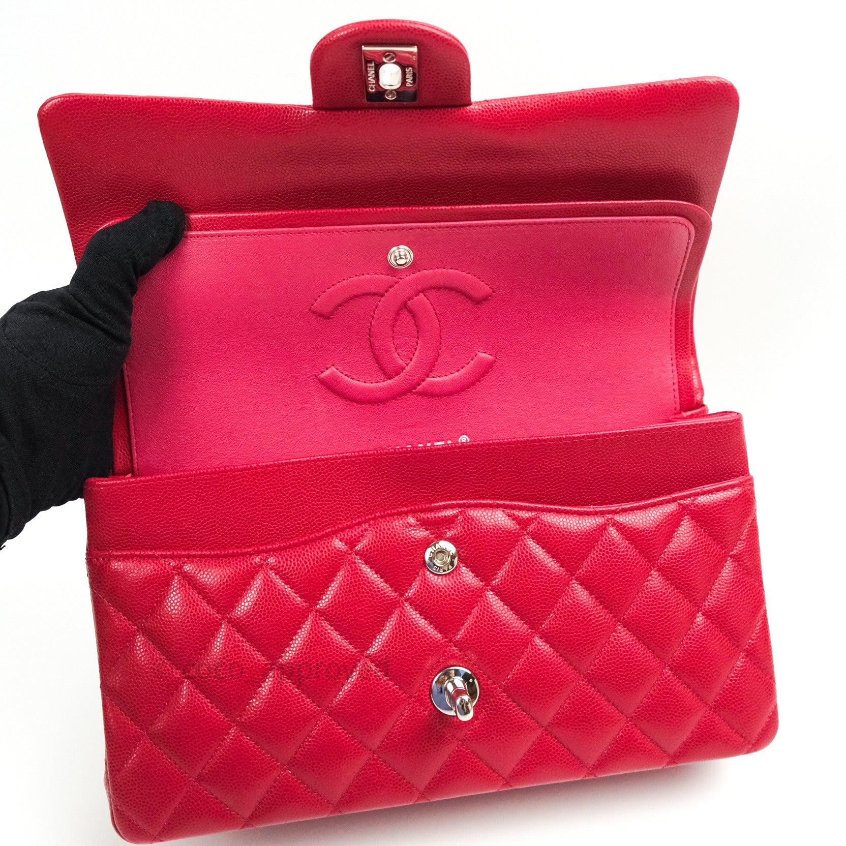 Chanel Classic Medium Double Flap Bag in Red Caviar Leather with Silver Hardware - Perfect for Work, Evening Events & Luxury Fashion Accessories