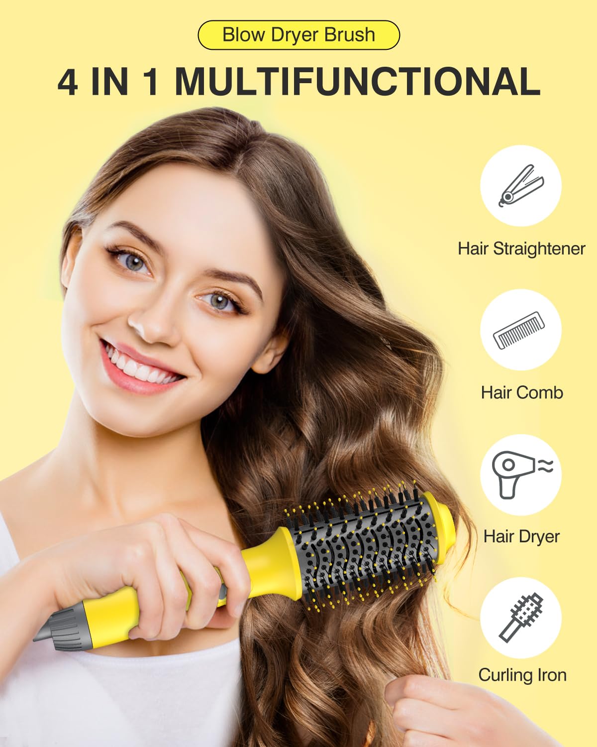 4 in 1 Hot Air Brush Hair Dryer & Styler Volumizer with Negative Ionic Technology - Yellow Blow Dryer Brush for All Hair Types | Perfect for Home Salon Styling, Travel & Quick Hair Drying