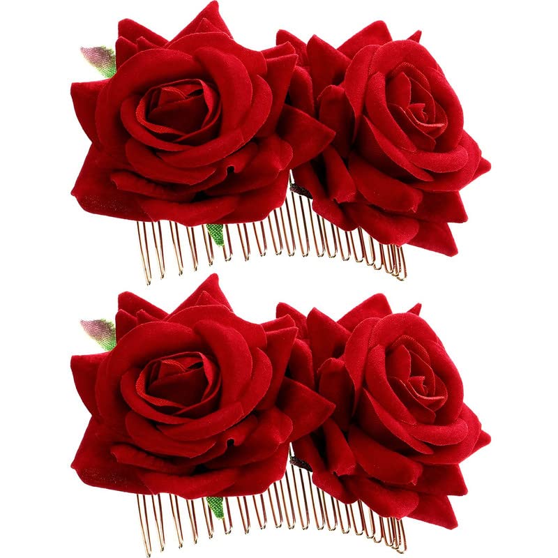 BELICIA 2 Pack Dark Red Rose Flower Hair Clips for Women - Elegant Wedding Hair Accessories, Flamenco Dancer Hairpins (Perfect for Bridal, Prom, Party & Special Occasions)