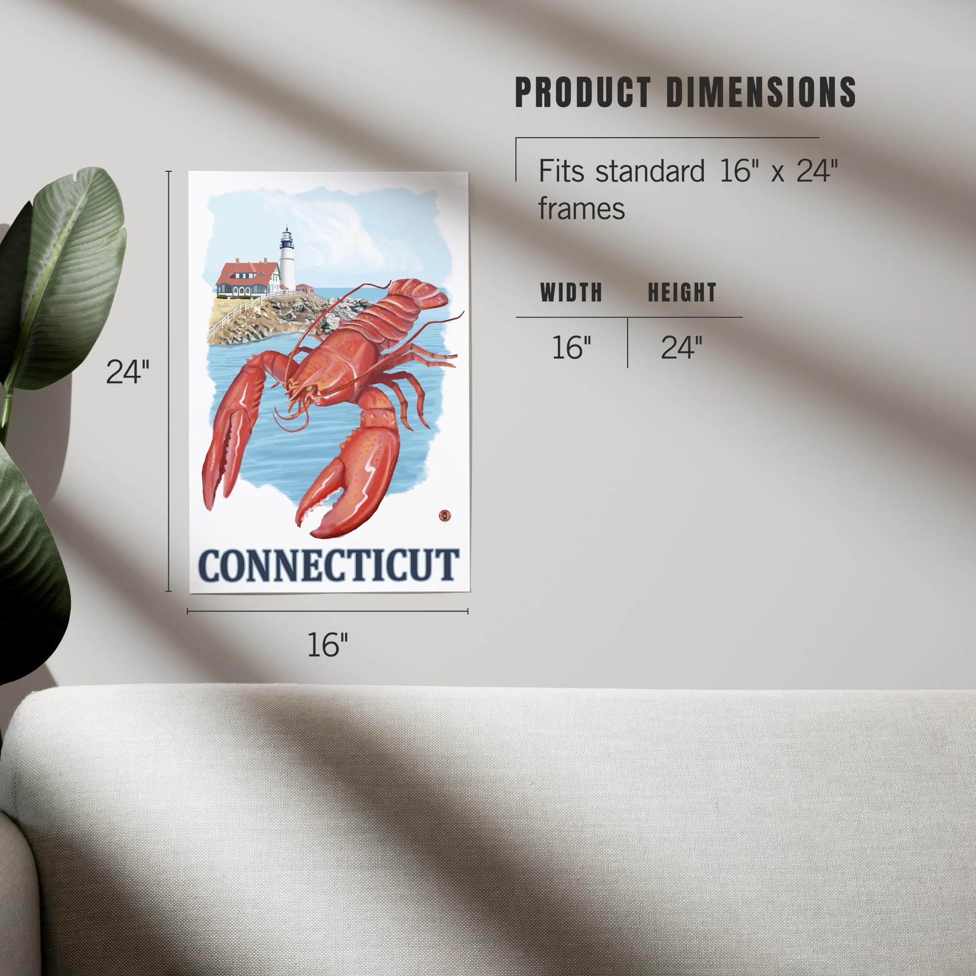 Lantern Press 16x24 Inch Giclee Art Print - Connecticut Coastal Lighthouse & Lobster Scene - Perfect for Beach House Decor & Nautical Themed Rooms