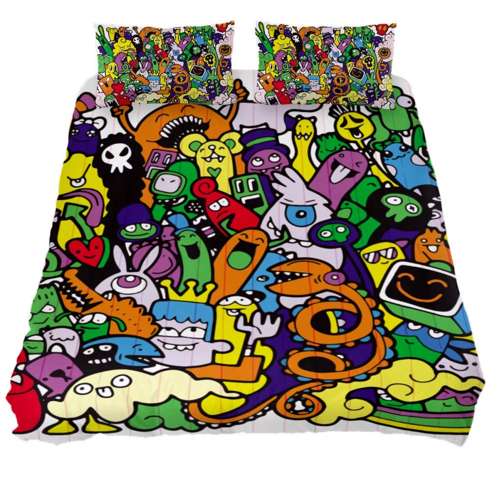 Colorful Monster Graffiti 3-Piece Bedding Set with Zipper Closure - Modern Luxurious Lightweight All-Season Coverlet for California King Size Beds | Perfect for Kids Rooms, Teen Bedrooms & Contemporary Home Decor