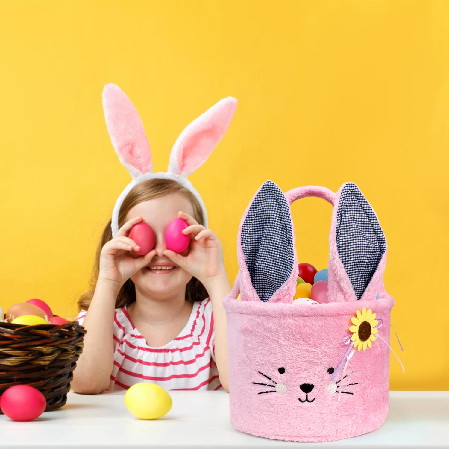 Faylapa 2Pcs Plush Easter Bunny Basket Bags with Plaid Long Ears - Personalized Easter Egg Basket for Candy, Party Decorations & Gifts (Pink+Blue) - Perfect for Easter Celebrations, Kids' Party Favors & Spring Home Decor