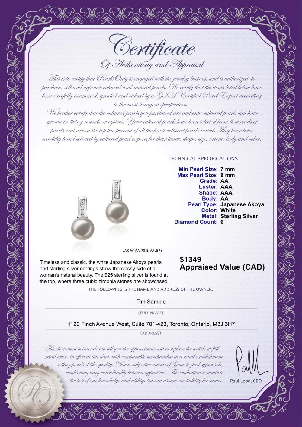 Valery White 7-8mm AA Quality Japanese Akoya 925 Sterling Silver Cultured Pearl Earrings for Women - Elegant Jewelry Gift for Weddings, Parties & Special Occasions