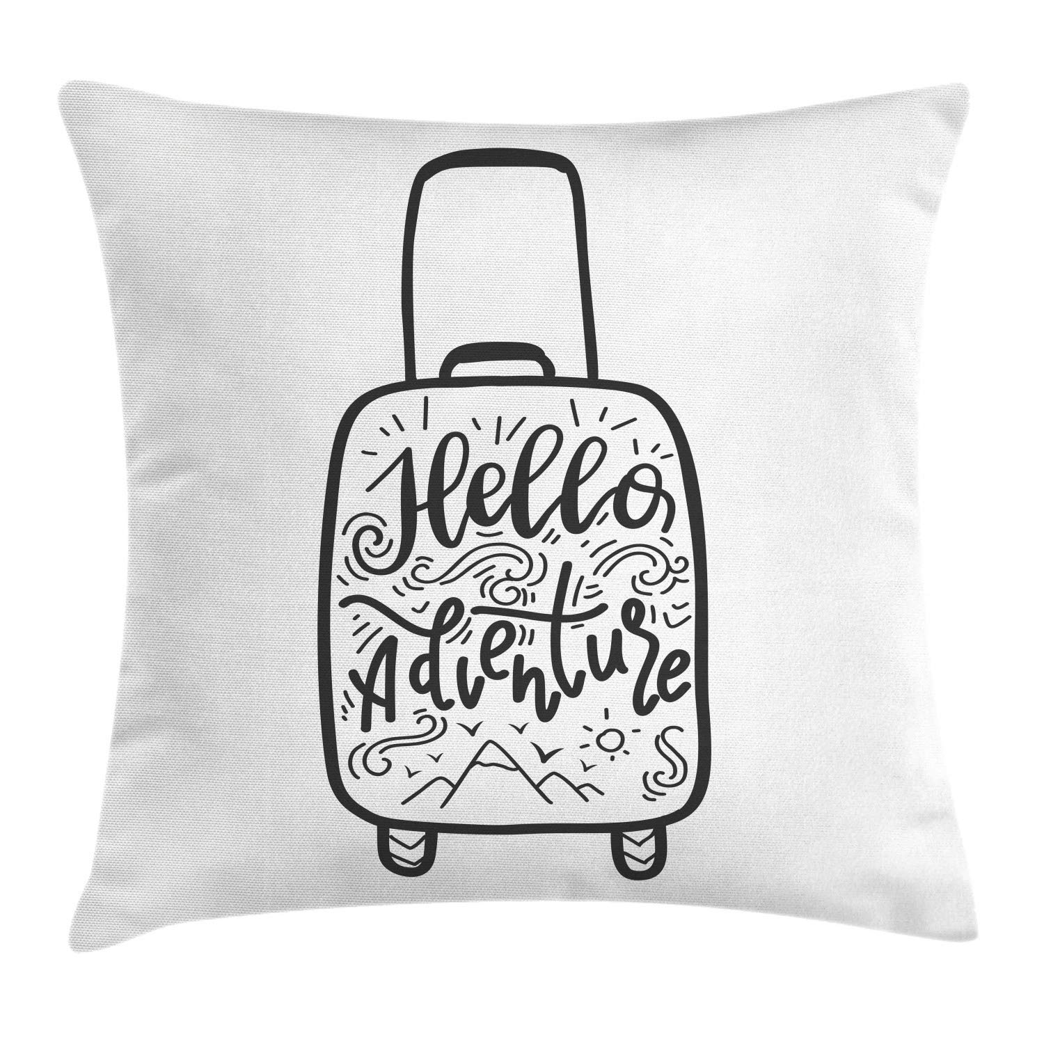 Ambesonne Hello Adventure Throw Pillow Cover 18x18 Inch - Vintage Suitcase Design with Handwritten Lettering & Monochrome Decor, Charcoal Grey & White Square Cushion Case - Perfect for Living Room, Bedroom & Travel-Themed Home Decor