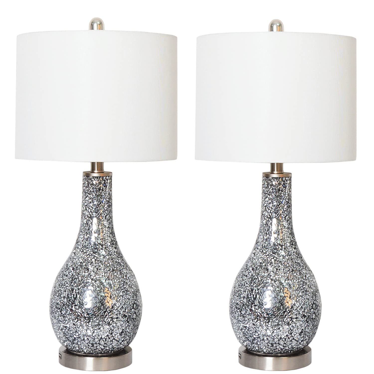 Maxax USB Table Lamps Set of 2 - Silver Gourd Mosaic Glass Bedside Nightstand Lamps with White Drum Shade, ETL Certified - Perfect for Living Room, Bedroom & Office Decor Lighting