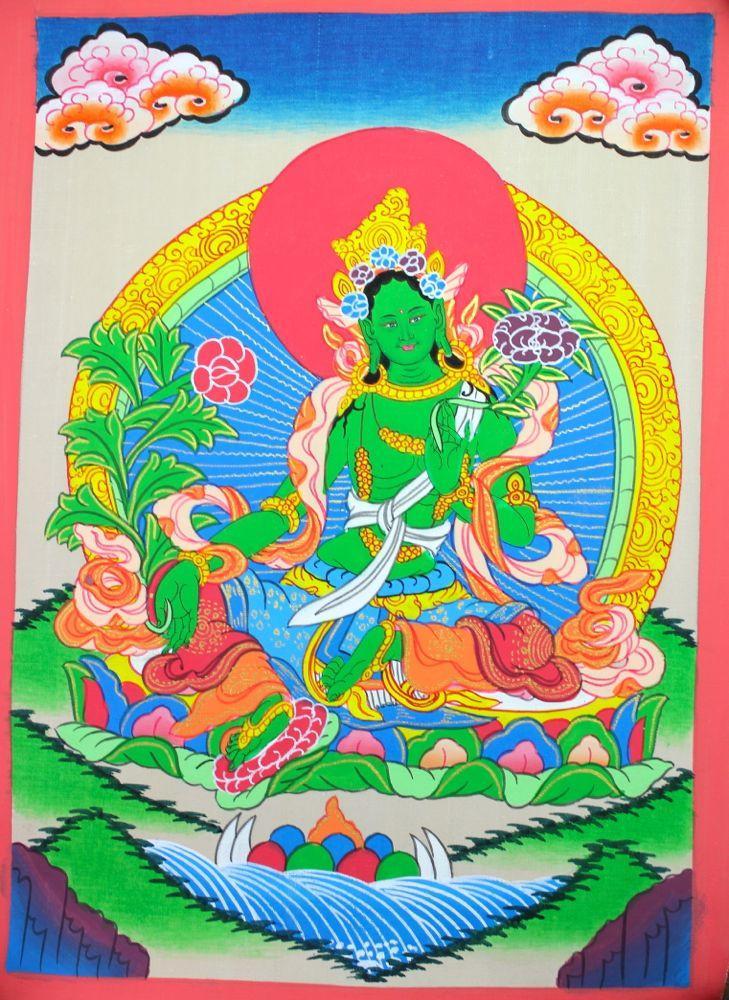 Hand-Painted Green Tara Thangka with Gold Accents - Authentic Tibetan Buddhist Wall Art for Meditation & Home Decor