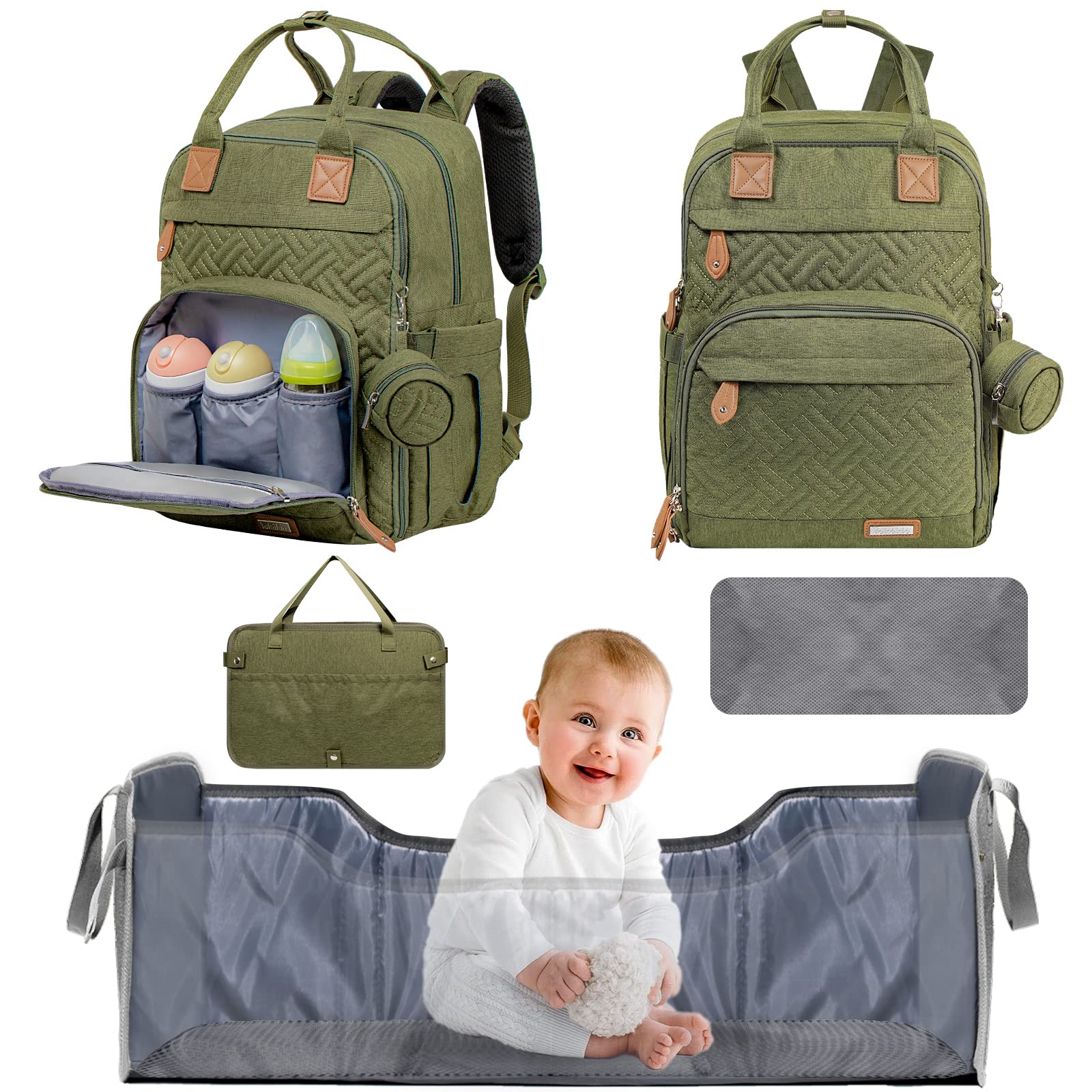 Waterproof Diaper Backpack with Insulated Bottle Pockets & Changing Station - Large Travel Baby Bag for Boys & Girls - Includes Changing Pad, Pacifier Case & Stroller Straps - Perfect for Daycare, Travel & Registry (Army Green)