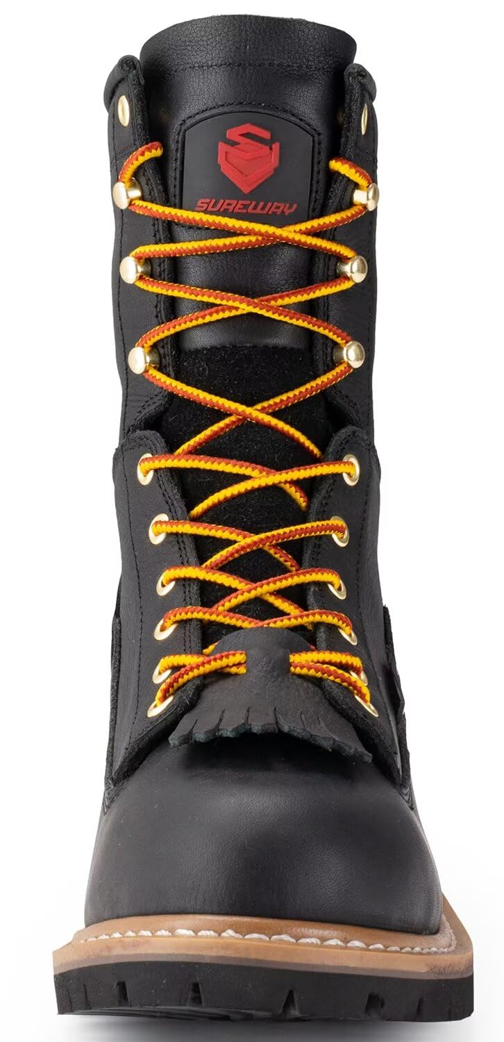 SUREWAY Men's 8-Inch Waterproof Steel Toe Work Boots - Oil & Slip Resistant, Thick Full Grain Leather, Wedge Rubber Sole, EH Rated - Ideal for Construction, Logging & Outdoor Work