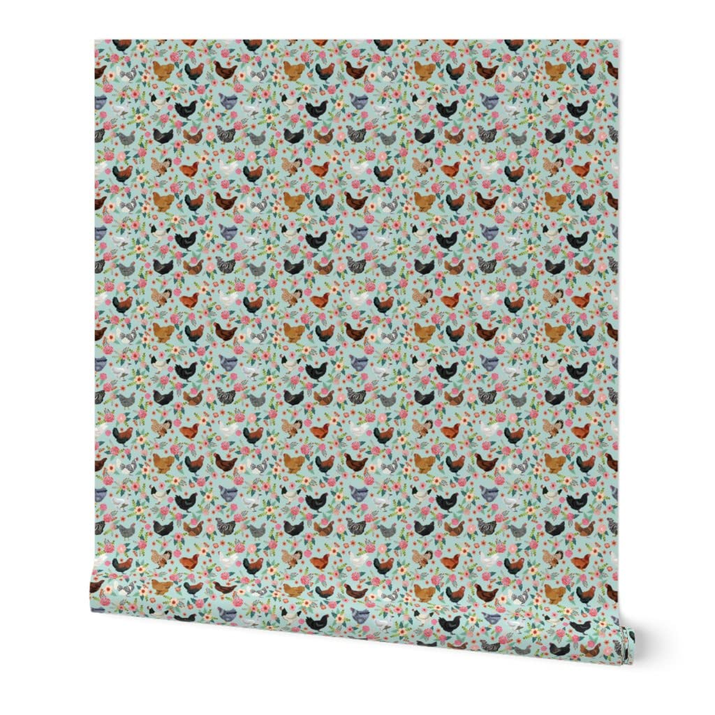 Peel & Stick Removable Wallpaper - 9ft x 2ft Chicken Breeds Floral Design with Hens & Birds in Light Blue | Farmhouse Decor | Perfect for Nursery, Kitchen, Bedroom & Home Office