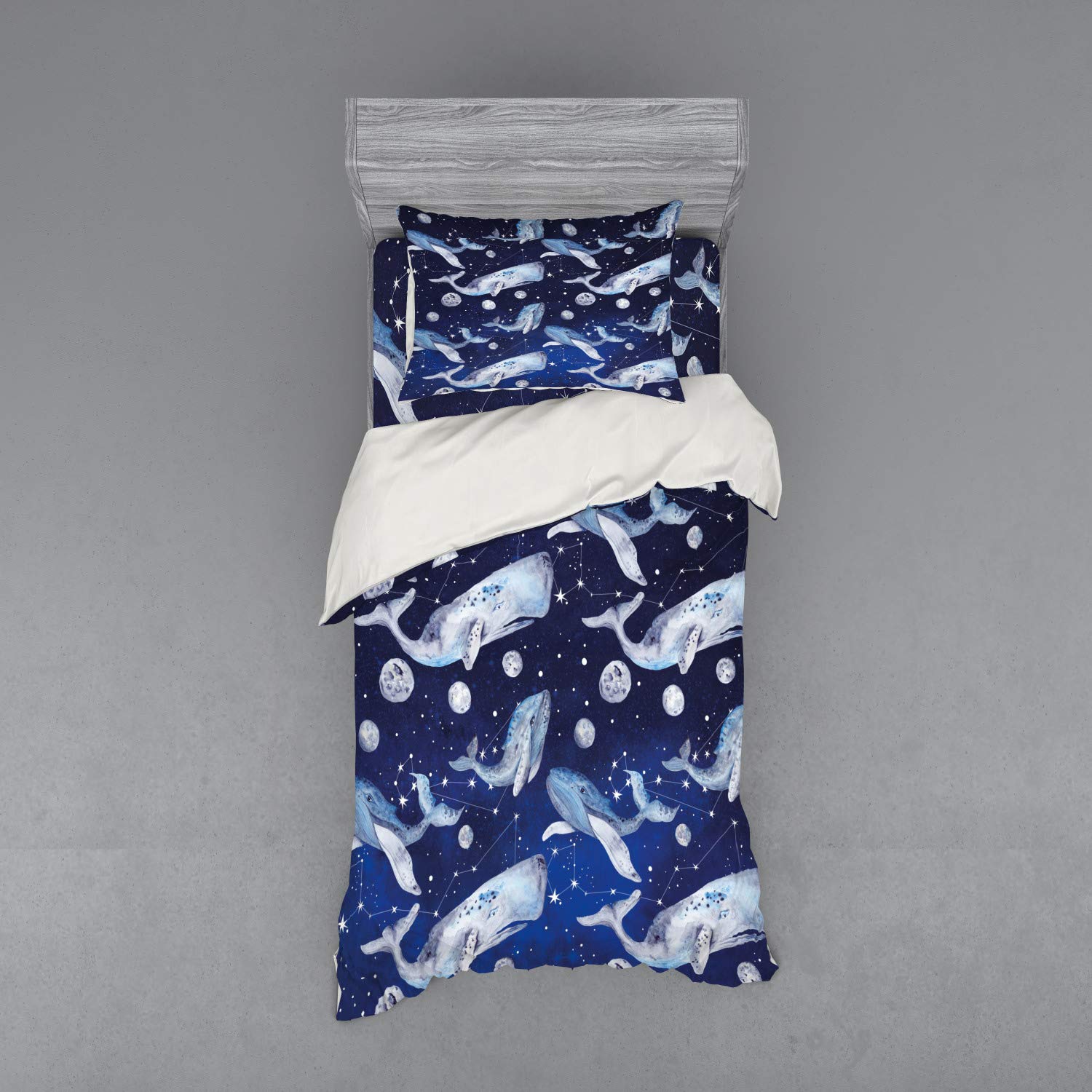 Ambesonne Whale Bedding Set - 3 Piece Duvet Cover with Sham & Fitted Sheet, Twin Size, Navy Purple Grey - Outer Space Cosmos Design with Whales, Fishes & Planets - Perfect for Kids Room, Teen Bedroom & Space Themed Decor