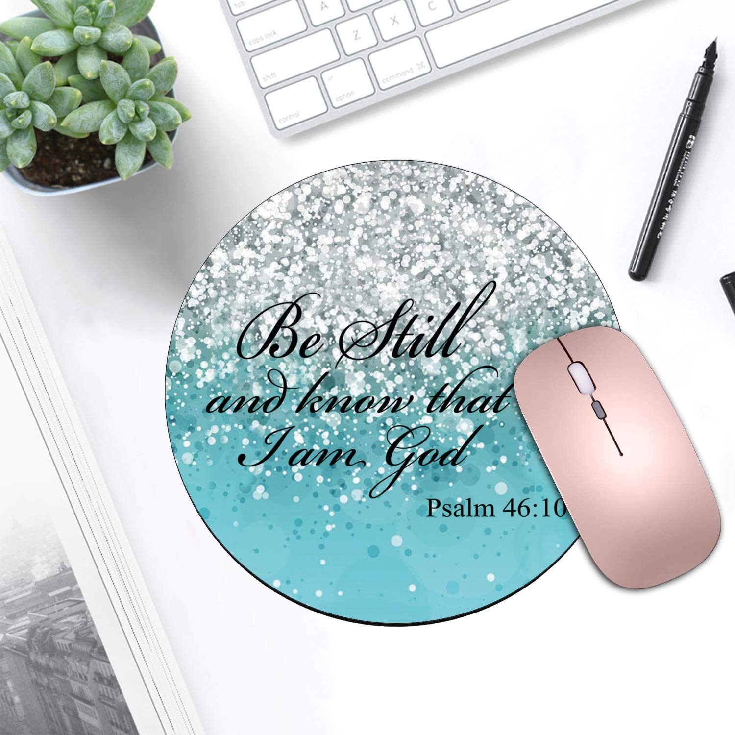 Blue Glitter Christian Bible Verses Psalm 46:10 Round Mouse Pad & Coasters Set - Non-Slip Rubber Base for Laptop & Computer - Perfect for Office, Home Desk & Bible Study Decor