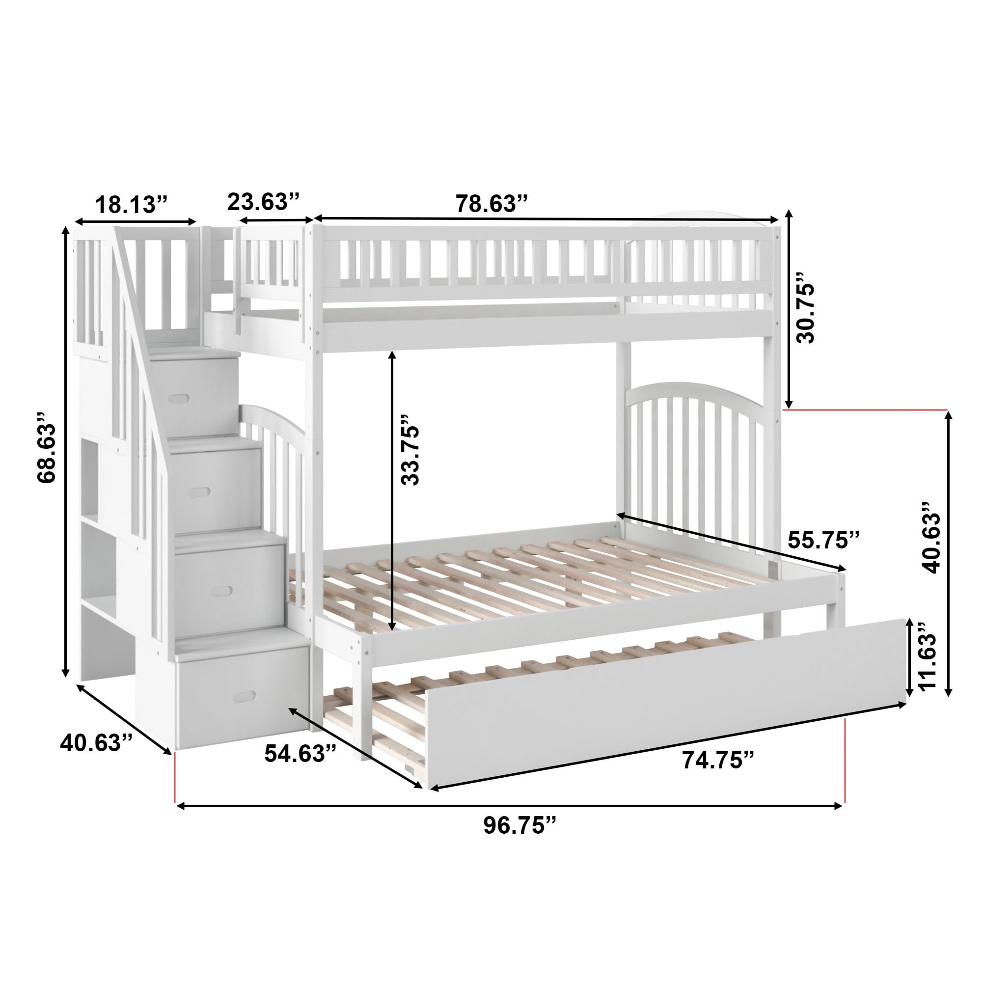 AFI Westbrook Twin Over Full Staircase Bunk Bed with Trundle & USB Charger - Space-Saving Kids Bedroom Furniture for Small Rooms, Sleepovers & Guest Rooms (White)