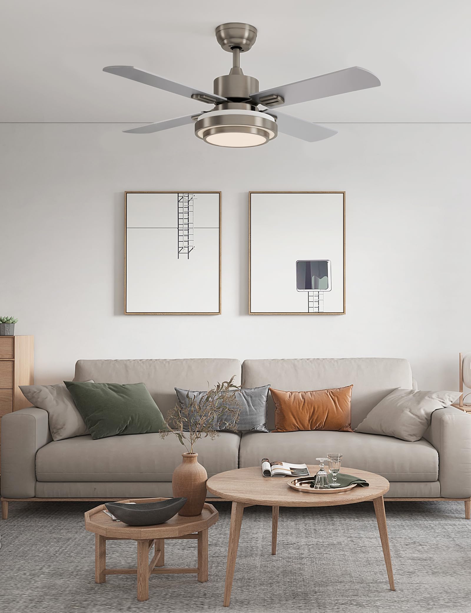 Warmiplanet 44 Inch Brushed Nickel Ceiling Fan with Lights and Remote Control - 4 Blades for Living Room, Bedroom, and Office