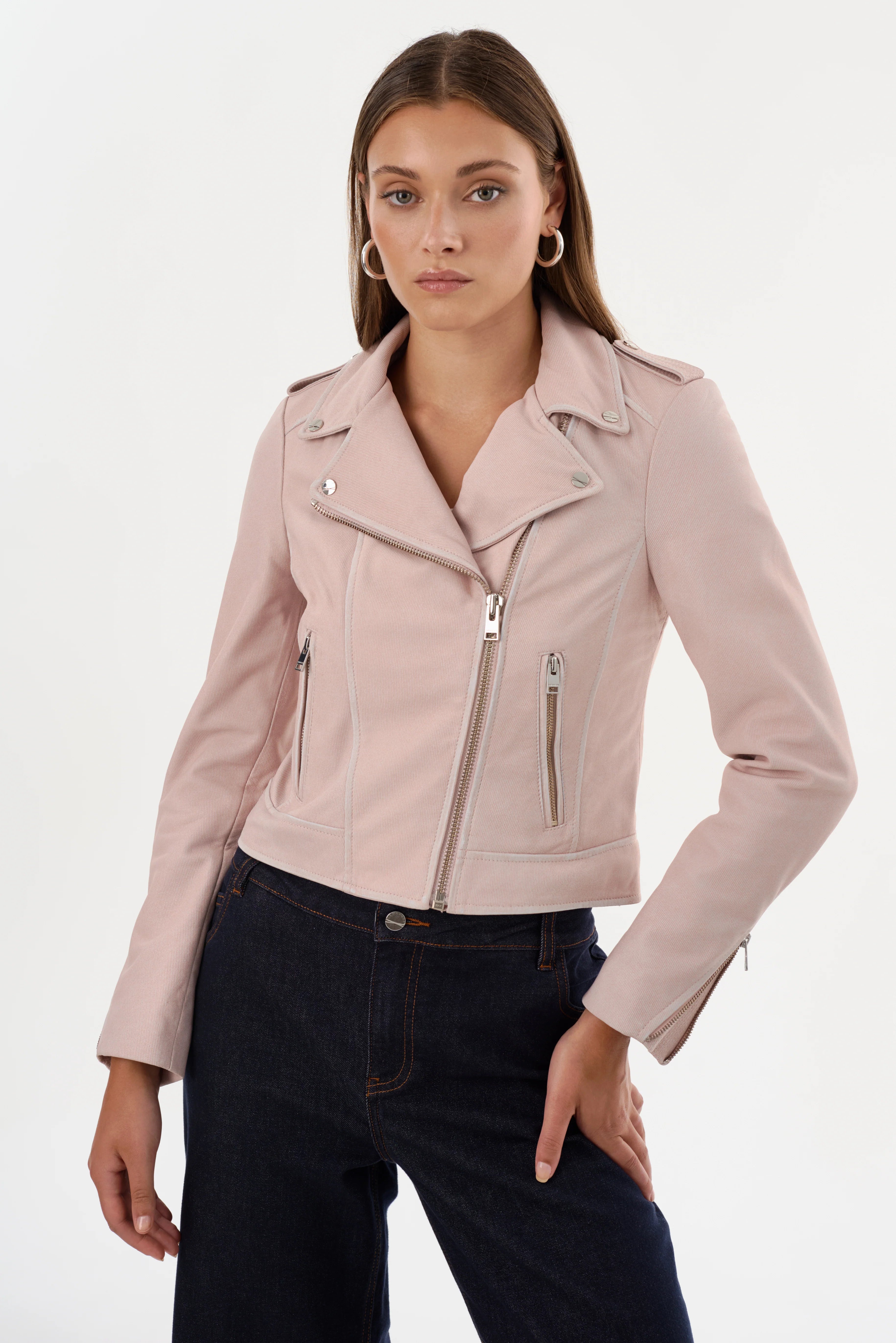 Women's Pink Denim Leather Biker Jacket - Stylish Motorcycle Jacket for Riding & Fashion | Perfect for Casual Outfits & Night Out