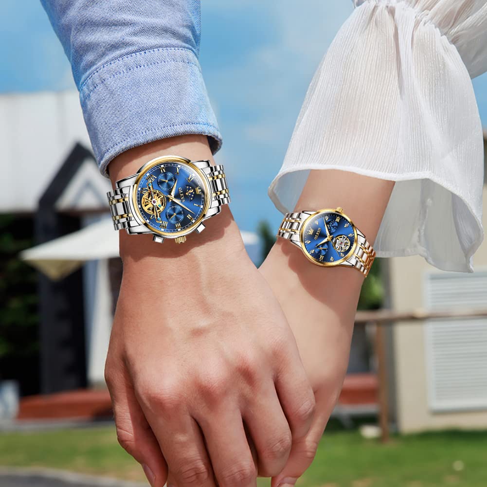 OLEVS Automatic Self-Winding Couple Watches Set - Luxury Matching Mechanical Dress Watches for Men & Women | Perfect Anniversary, Wedding & Valentine's Day Gifts for Him & Her | Elegant Date Night & Formal Occasion Accessories