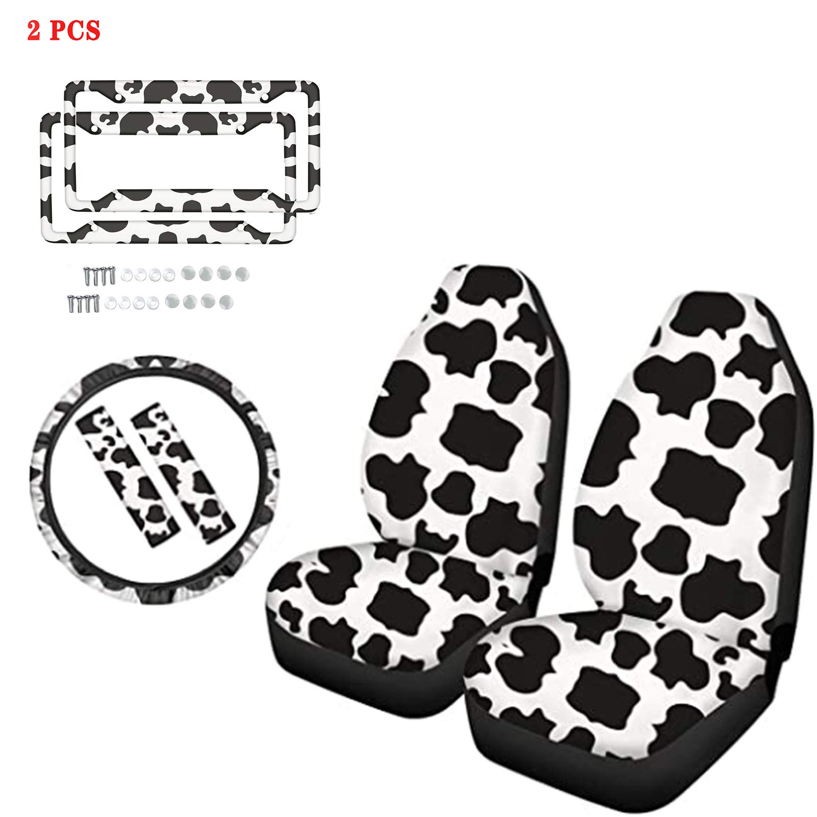 Cow Print Car Seat Covers Set with Steering Wheel Cover, Seat Belt Pads & License Plate Frame - 2 Piece Soft Faux Leather Auto Accessories for Cars, Trucks & SUVs - Perfect for Western, Farmhouse or Animal Lover Vehicle Decor