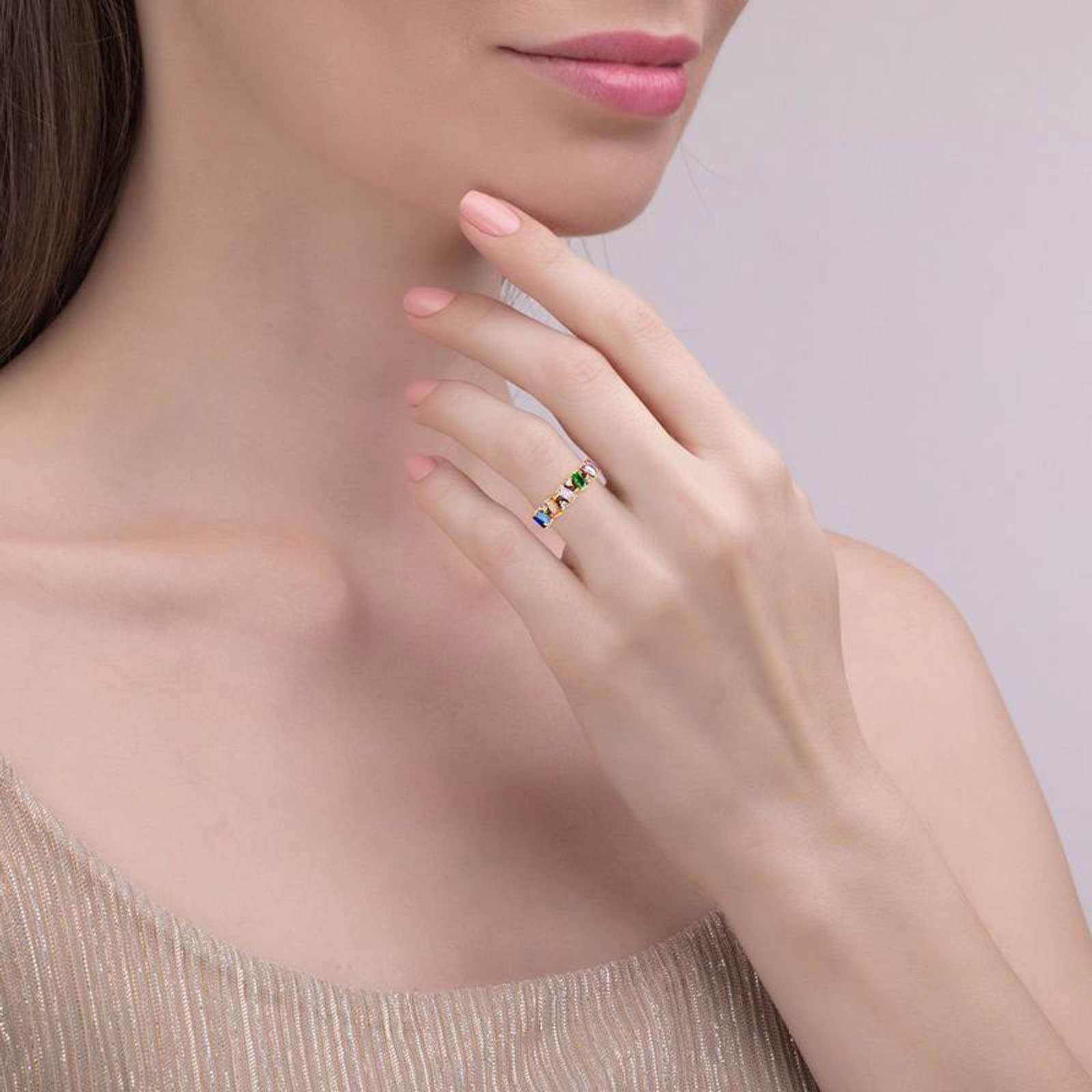 Jeulia Sterling Silver Multi-Colored Gemstone Eternity Ring for Women - Emerald Cut Cubic Zirconia Rainbow Wedding, Anniversary, Engagement & Promise Band with Gift Box | Perfect for Birthstone Jewelry, Romantic Gifts & Special Occasions