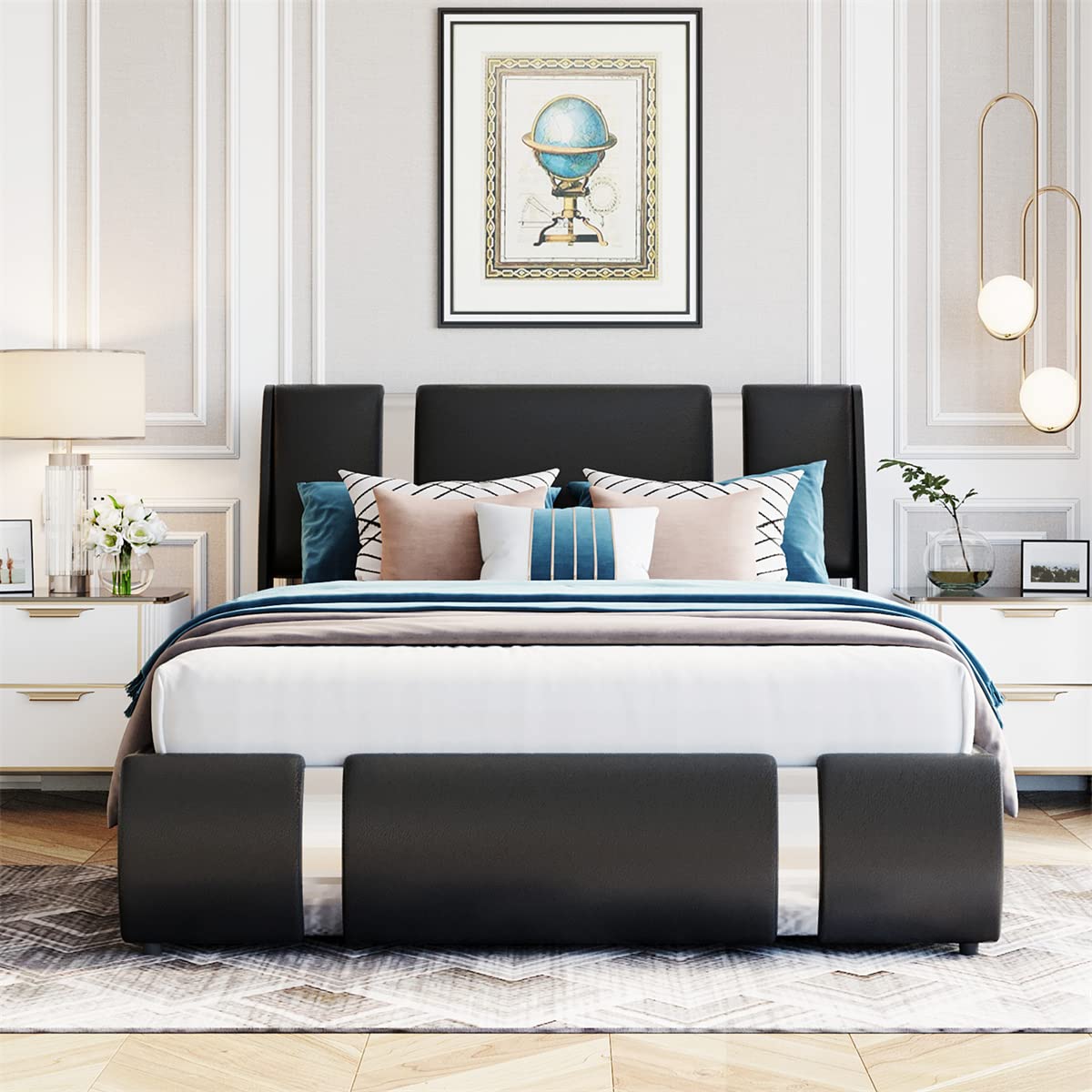 Faux Leather Full Size Platform Bed with Hydraulic Storage System, Upholstered Bed Frame with Headboard & Bentwood Slats - Lift Up Storage Bed for Small Spaces, Guest Room & Master Bedroom (Black)