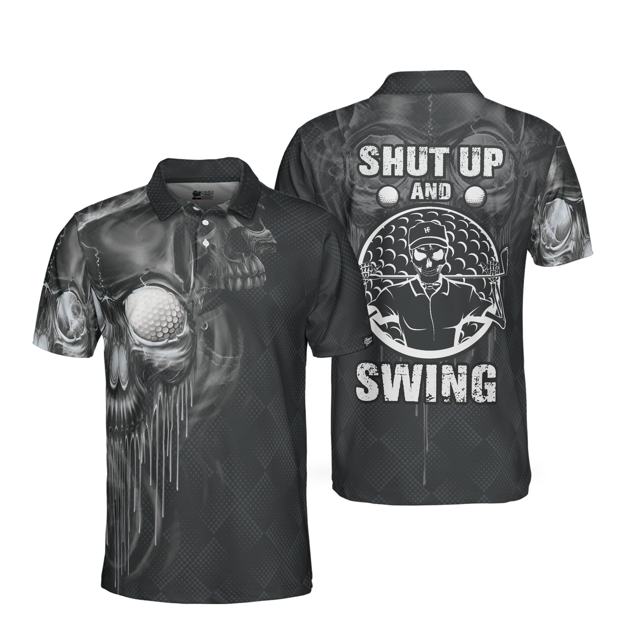 HYPERFAVOR Men's Black & White Skull Print Quick-Dry Golf Polo Shirt - Breathable Short Sleeve Performance Shirt for Golfing, Casual Wear & Outdoor Activities