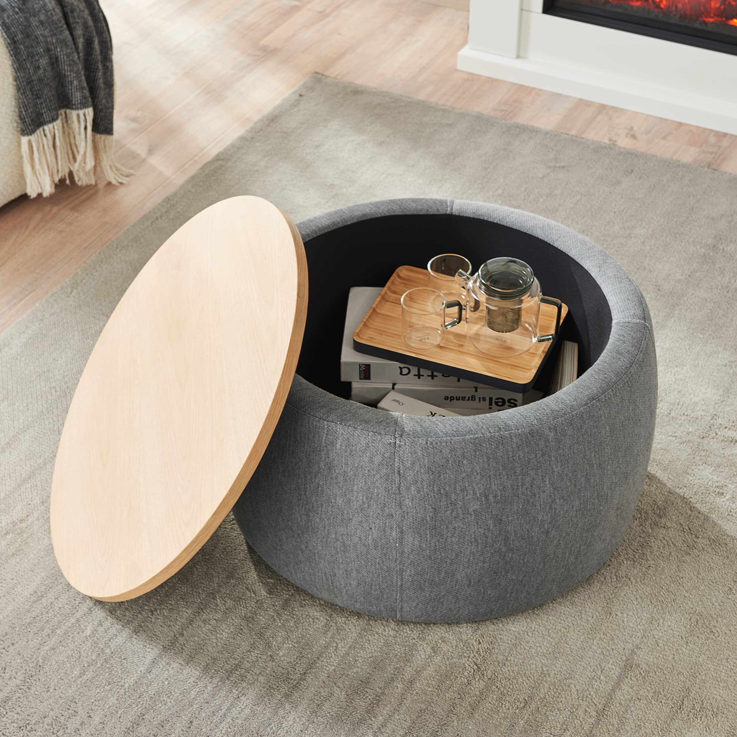 Modern Round Storage Ottoman with Wooden Lid - Handmade Circle Coffee Table, End Table & Footstool for Living Room - Dark Gray - Perfect for Small Spaces, Home Decor & Extra Seating