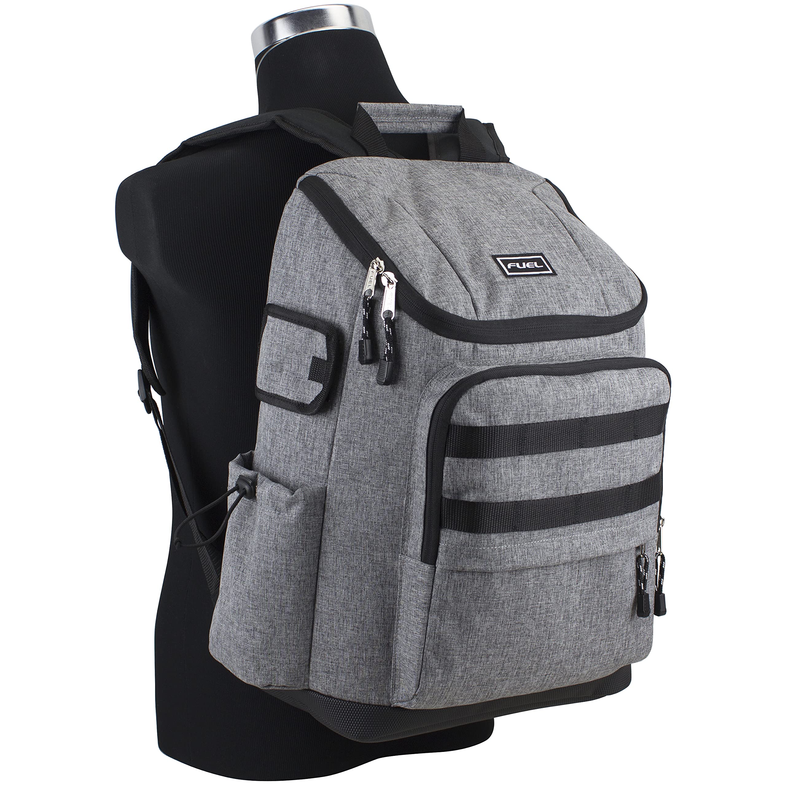 FUEL Multi-Pocket Cargo Travel Backpack - Waterproof Laptop Bag with Top-Loader Entry & USB Charging Port - Black Gray Chambray - Perfect for Business Trips, Hiking & College Students