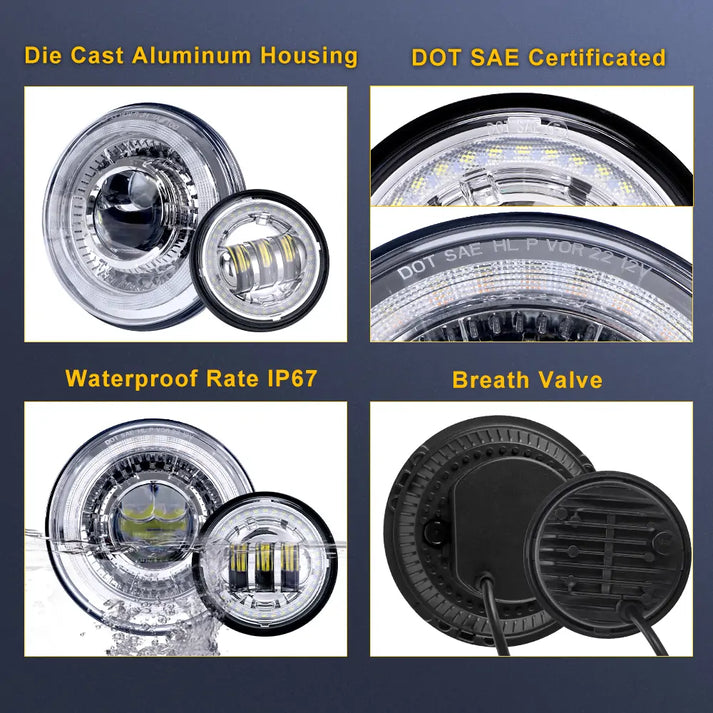 LED Headlight and Fog Lights Kit for Harley Davidson Touring Ultra Classic Fat Boy - H4 9003 Bulb Replacement - High Brightness Waterproof Motorcycle Lighting - Perfect for Night Riding & Off-Road Adventures