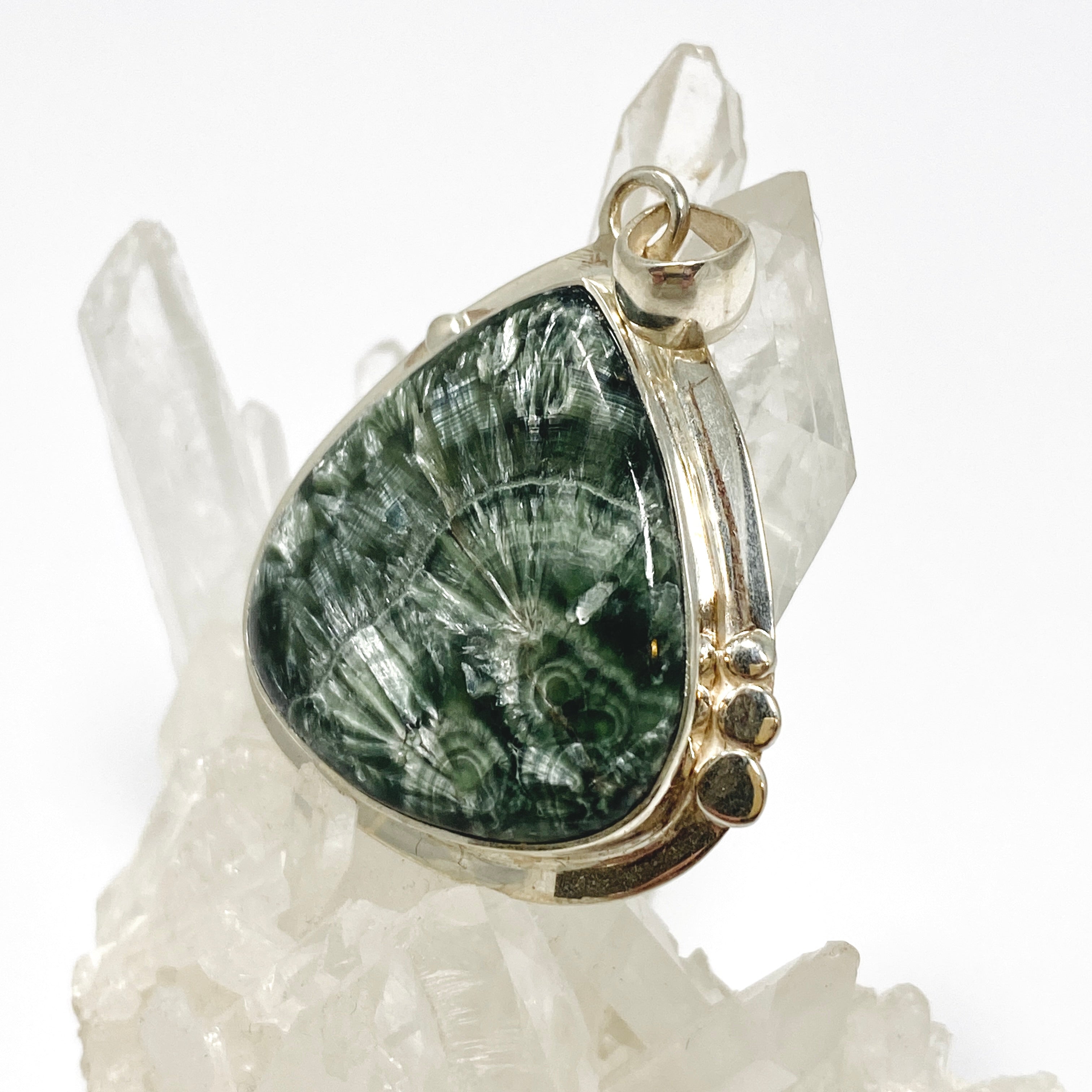 Seraphinite Teardrop Cabochon Pendant in Sterling Silver - Healing Crystal Jewelry for Meditation & Energy Work - Elegant Gift for Spiritual Seekers