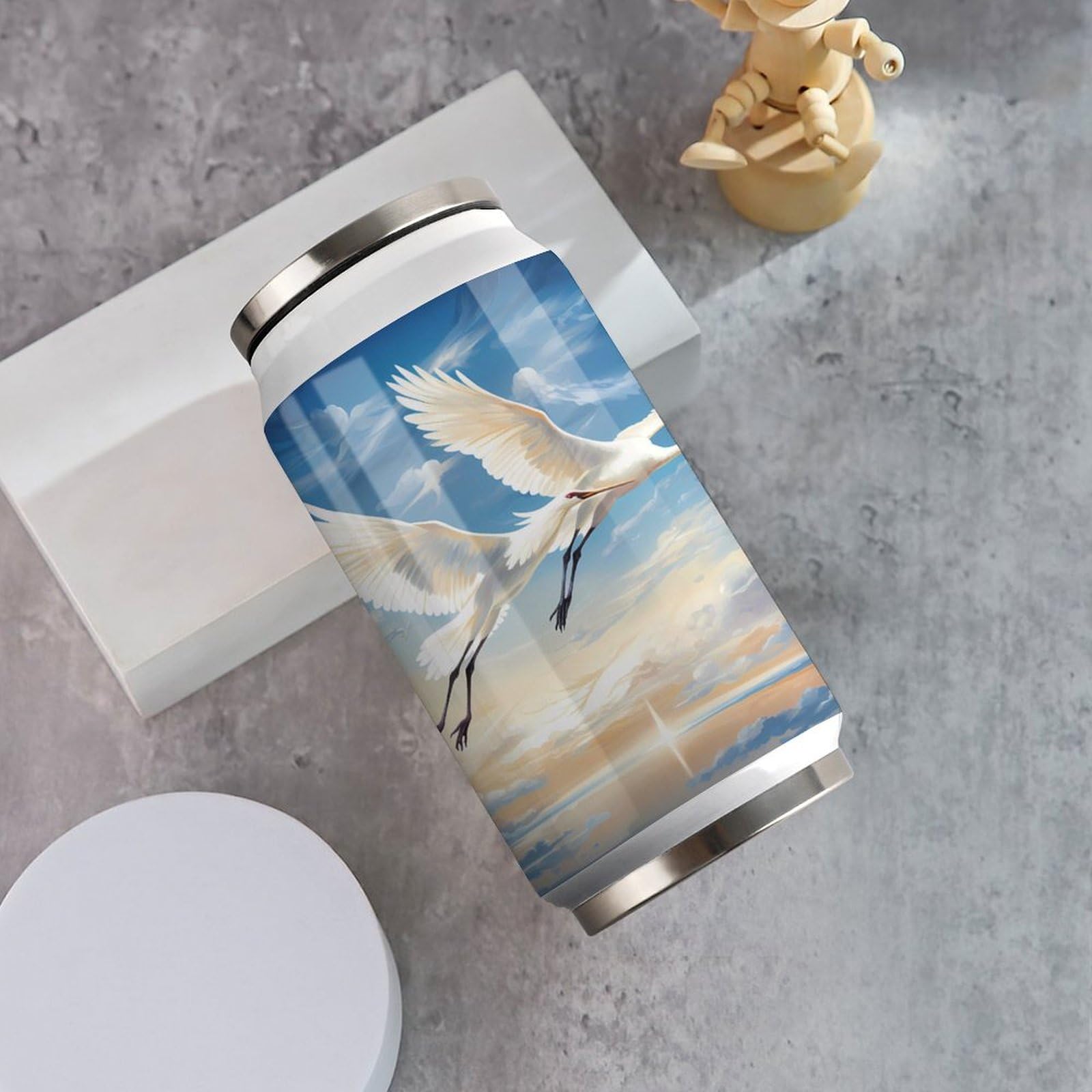 Stainless Steel Insulated Tumbler with Flip Lid - Cranes Birds Flying Sky Travel Design - Hot/Cold Coffee Mug for Home, Office & Outdoor Use - Perfect for Camping, Commuting and Gifts