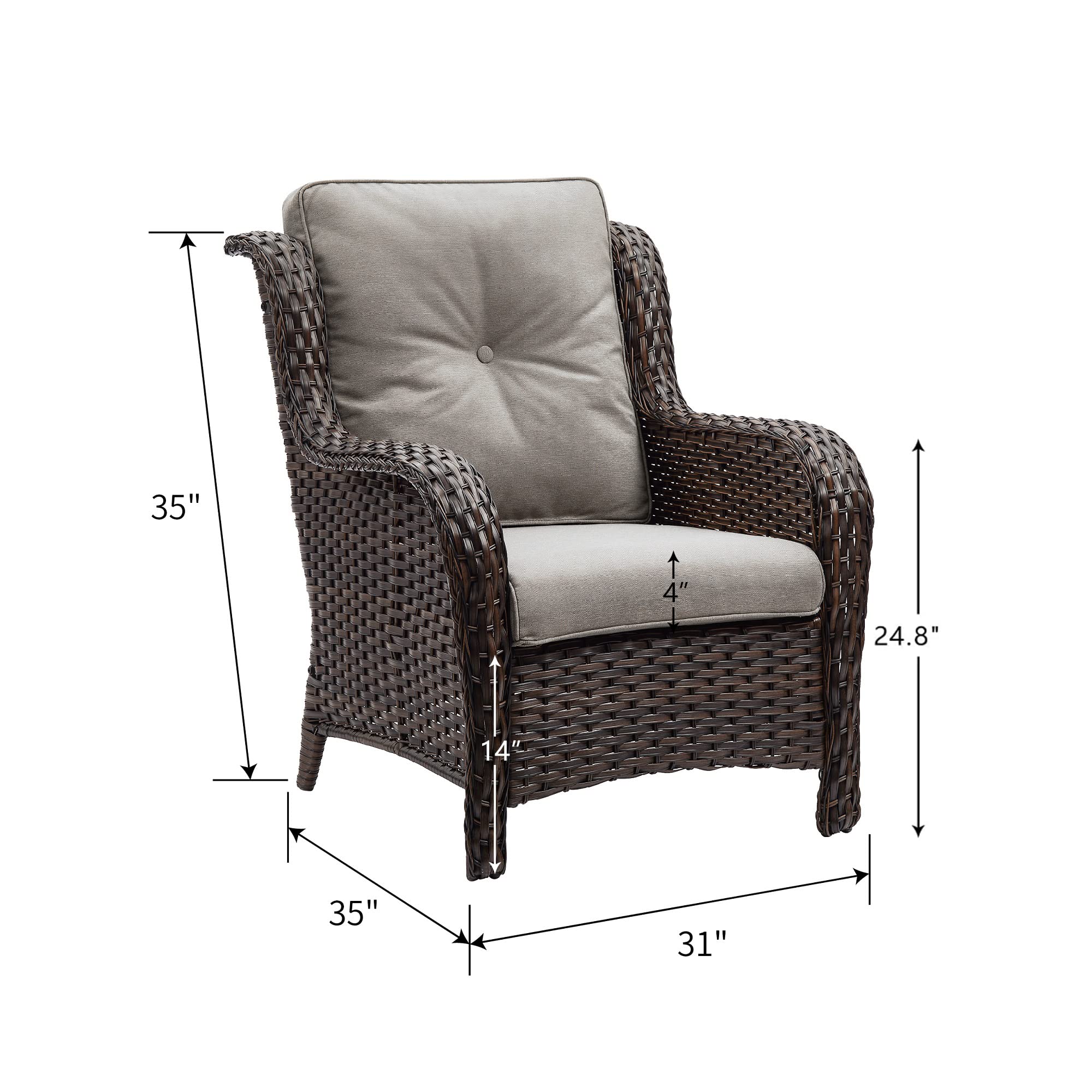 HUMMUH Outdoor Wicker Patio Chairs Set of 2 - PE Rattan Lounge Chairs with High Back & Curved Armrests, Includes 4