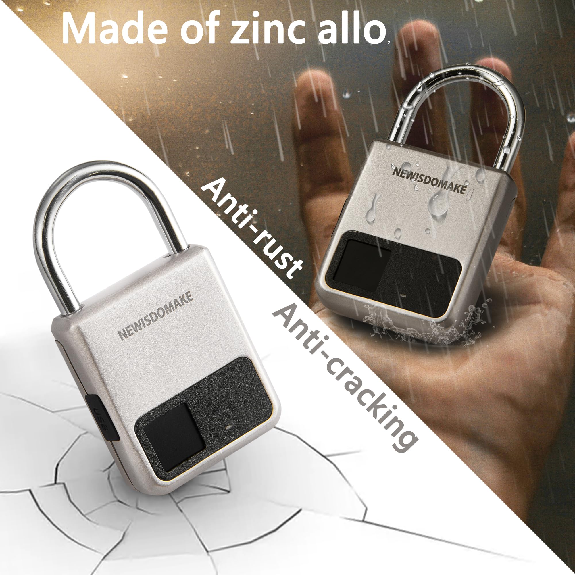 Smart Fingerprint Padlock with USB Charging - Biometric Lock for Luggage, Backpack, Gym Locker & Travel Security - Gold Digital Lock for Home, Office & Outdoor Use