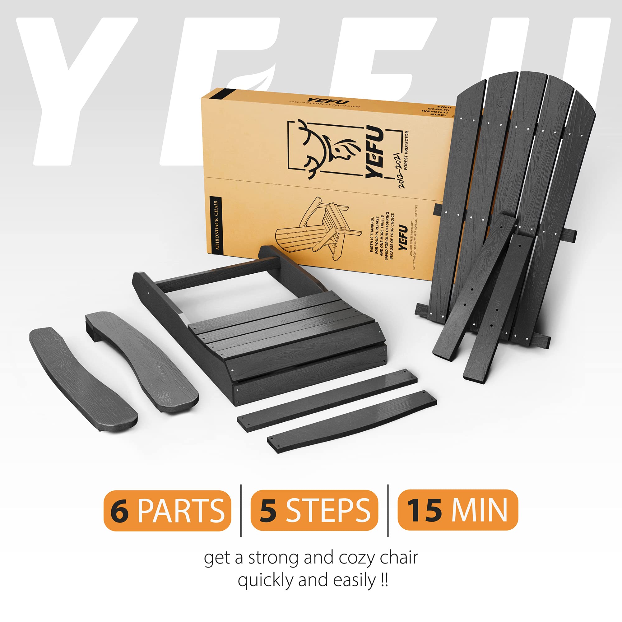 **YEFU 2-Piece Adirondack Chair Set - Durable HIPS Plastic Outdoor Chairs with Wood Grain Texture - Perfect for Patio, Lawn, Fire Pit, Deck, Porch & Garden (Black) - Ideal for Relaxing, Lounging & Entertaining Outdoors**