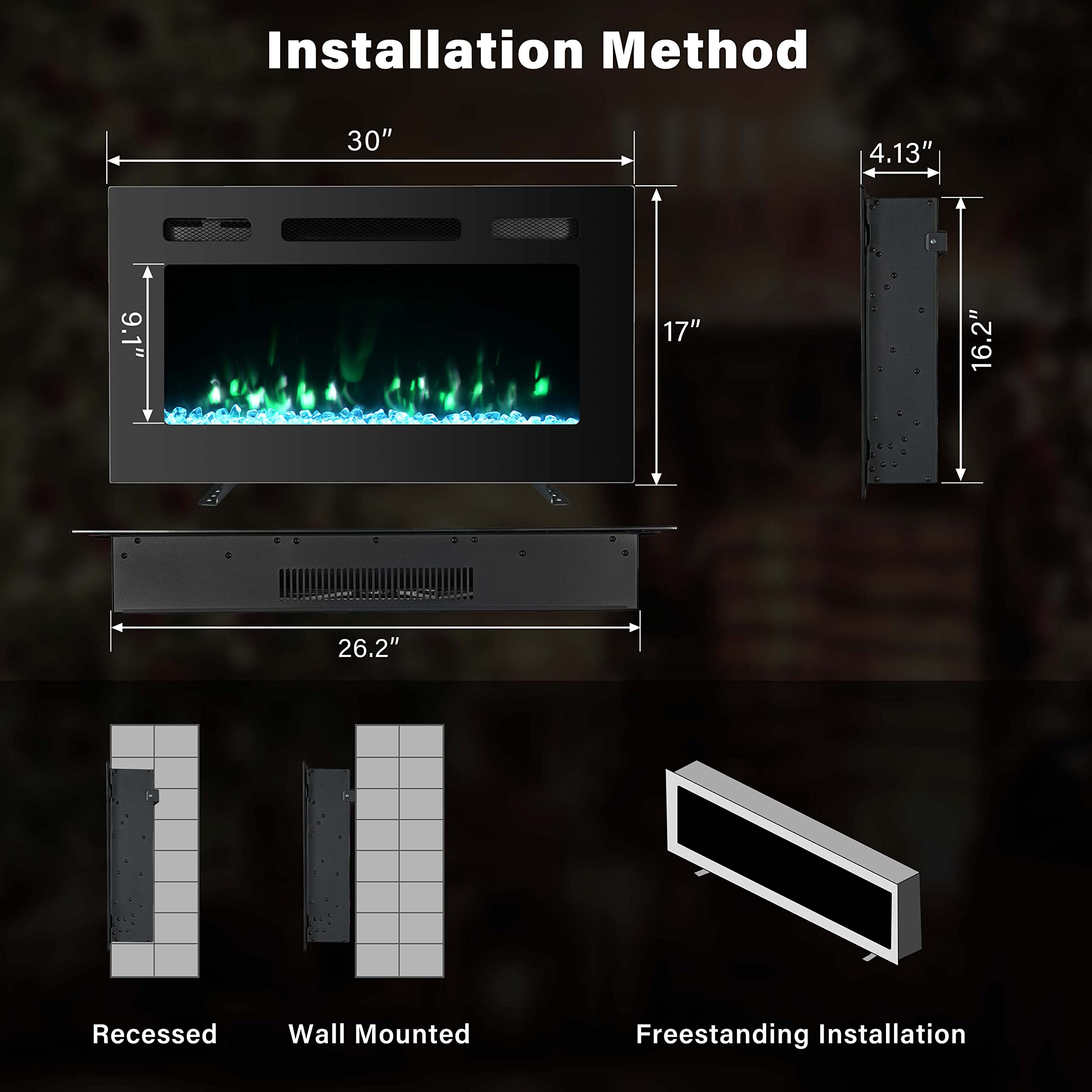 30 Inch Wall Mounted Electric Fireplace with Remote Control - Adjustable LED Flame Colors & Speed - Modern Electric Fireplace Insert for Living Room, Bedroom & Office Heating