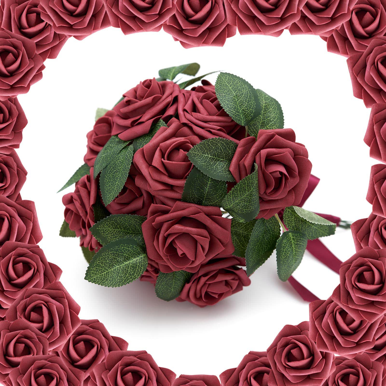 25pcs Burgundy Artificial Foam Roses with Stems - DIY Wedding Party Table Decor, Home Floral Arrangement, Centerpiece & Event Decoration Flowers