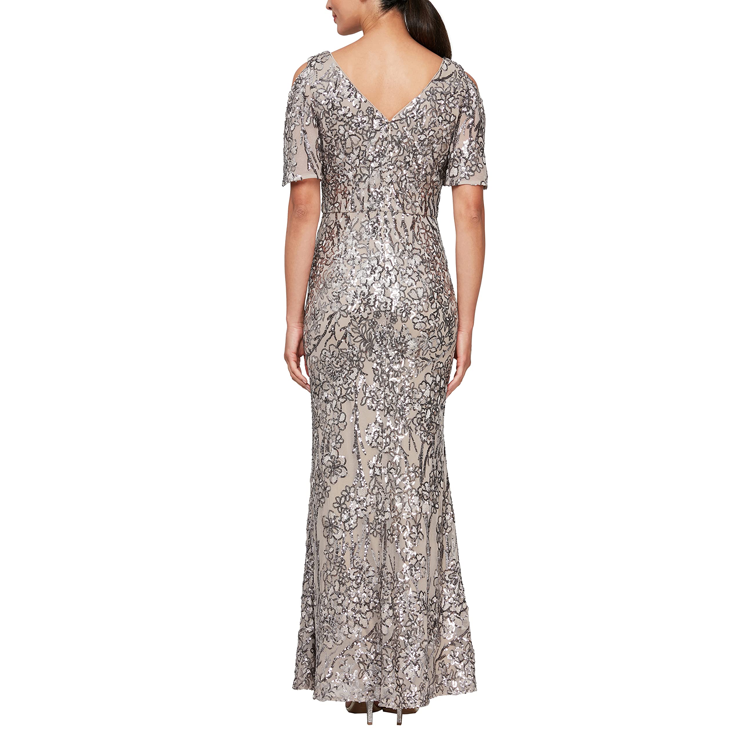 Alex Evenings Women's Long Sequin Mother of The Bride Dress with Cold Shoulder Flutter Sleeves - Petite & Regular Sizes - Perfect for Weddings, Formal Events & Special Occasions