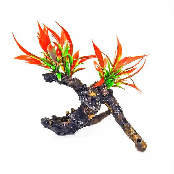 Aquatop Natural Resin Driftwood Decor with Realistic Red Plastic Plants - Perfect for Aquarium, Terrarium, and Reptile Tank Decoration