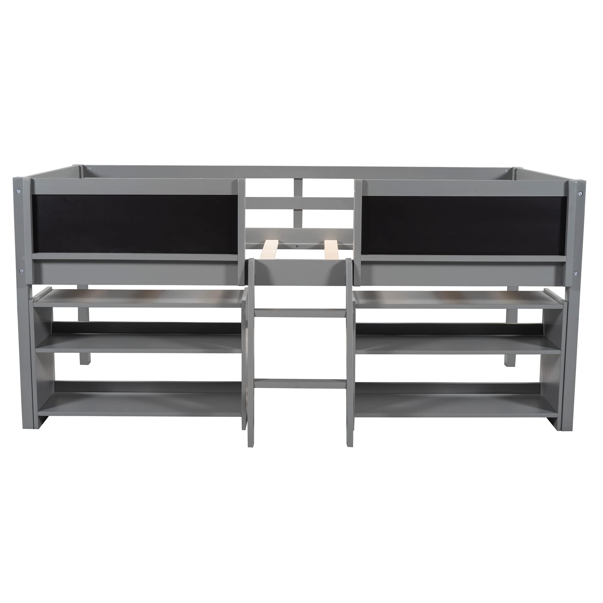 Wooden Twin Loft Bed for Kids with 2 Movable Shelves, Ladder & Chalkboard Guardrail - Space-Saving Gray Bed Frame for Boys & Girls Bedroom | Perfect for Small Rooms, Dorm Decor & Play Areas