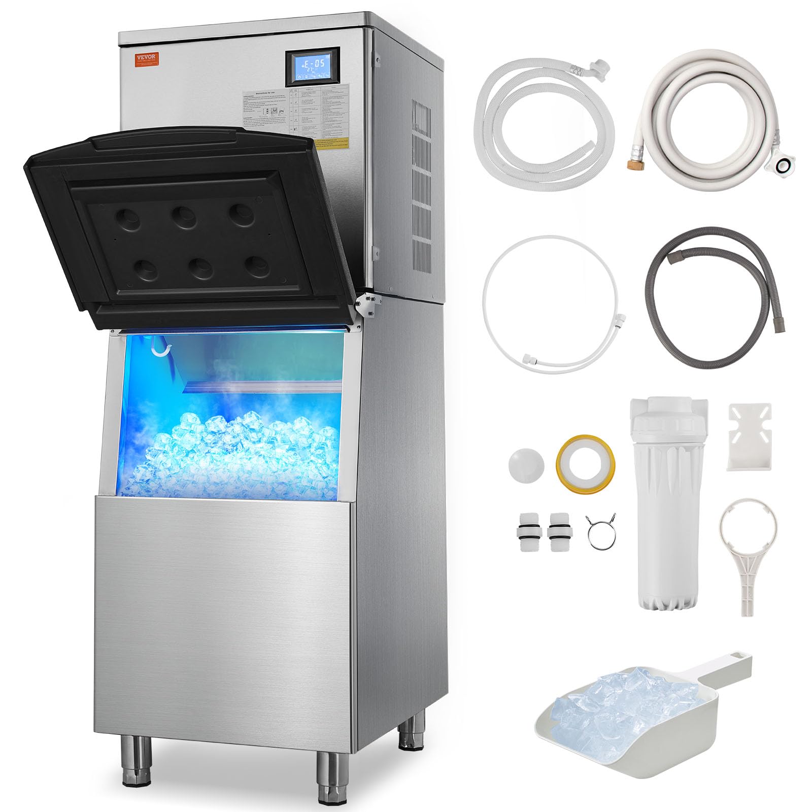 VEVOR Commercial Ice Maker Machine 450LBS/24H with 300LBS Storage Bin, 1000W Self-Cleaning Ice Machine with 3.5