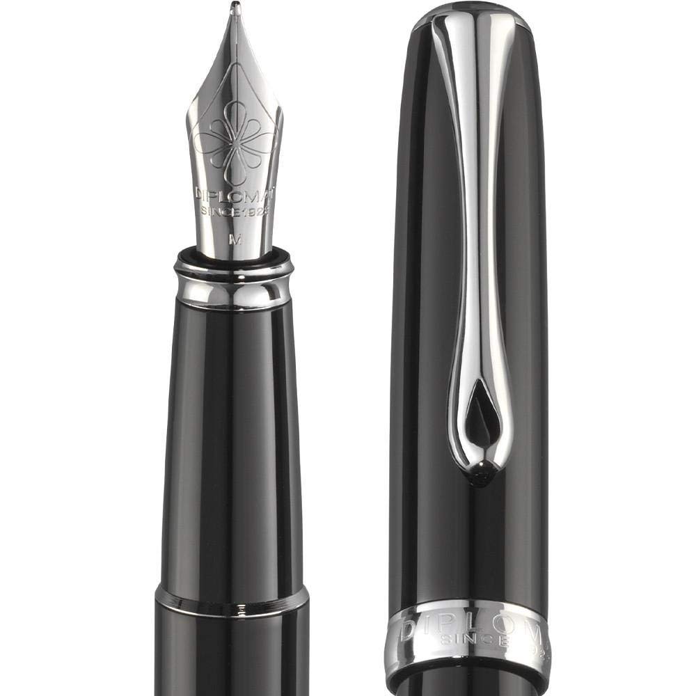 Diplomat Excellence A2 Fountain Pen - Premium Black Lacquer with Medium Steel Nib - Perfect for Business Signatures, Journaling & Luxury Gift Giving