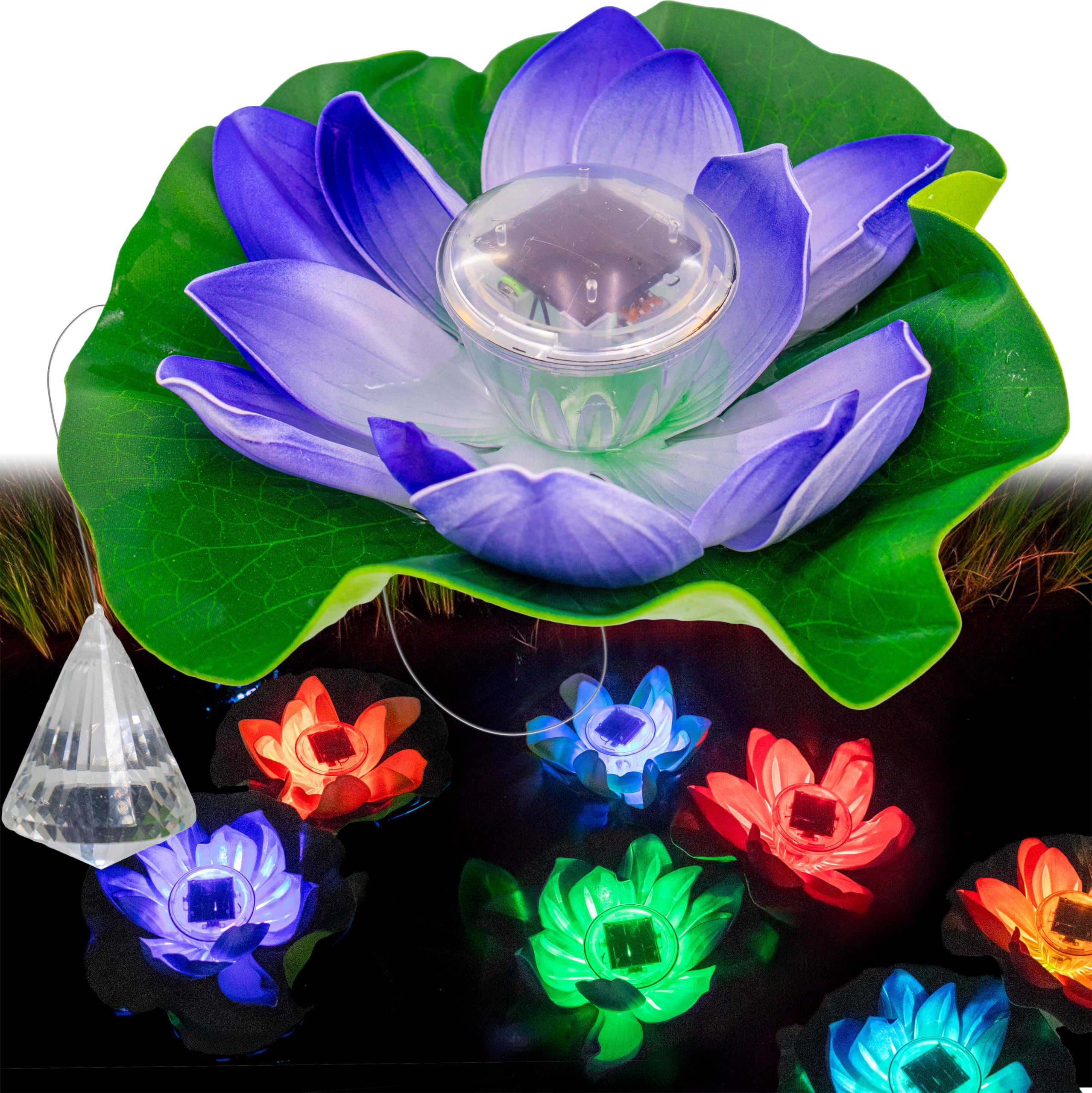 5 STAR SUPER DEALS Solar Floating Lotus Flower Pool LED Lights - w/Crystal Reflecting Anchor, Color Changing, Waterproof Pond Light Decor with Automatic Lights & Solar Panel (Purple) | Perfect for Garden Ponds, Backyard Decor, Patio Lighting & Outdoor Party Decorations