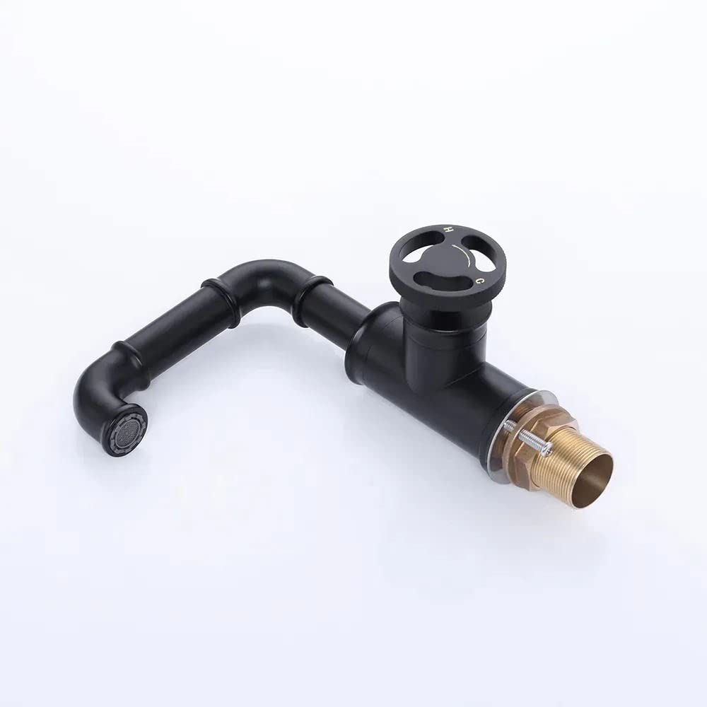 KunMai Matte Black Single Handle Bathroom Sink Faucet - Industrial Pipe Style Brass Vessel Faucet for Lavatory - Perfect for Modern Farmhouse, Loft & Industrial Bathroom Decor