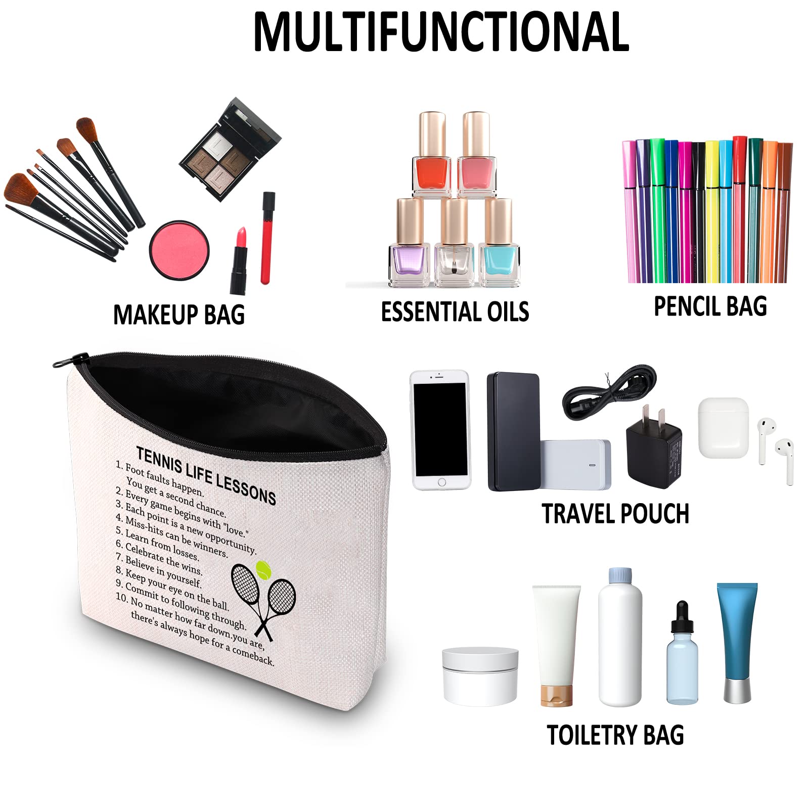 G2TUP Tennis Themed Makeup Bag - Tennis Life Lesson Cosmetic Pouch for Players & Fans - Zippered Travel Toiletry Bag (White) - Perfect Gift for Tennis Lovers, Team Gifts & Match Day Essentials